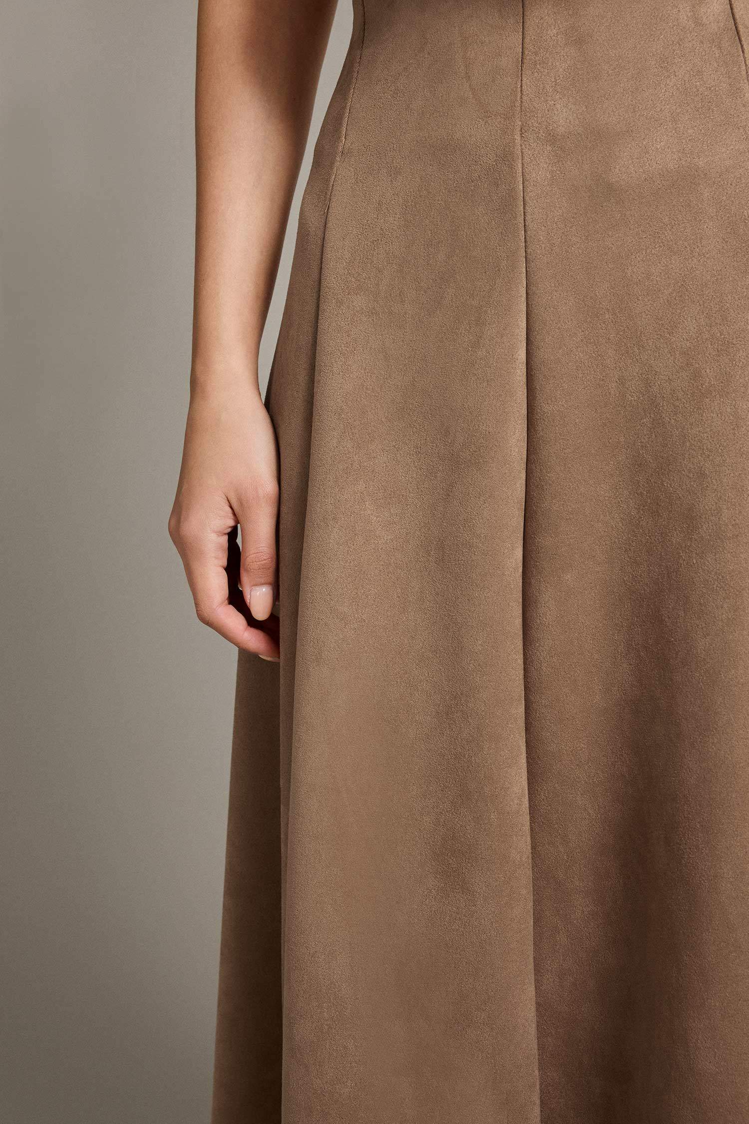 Süet Pileli Midi Etek