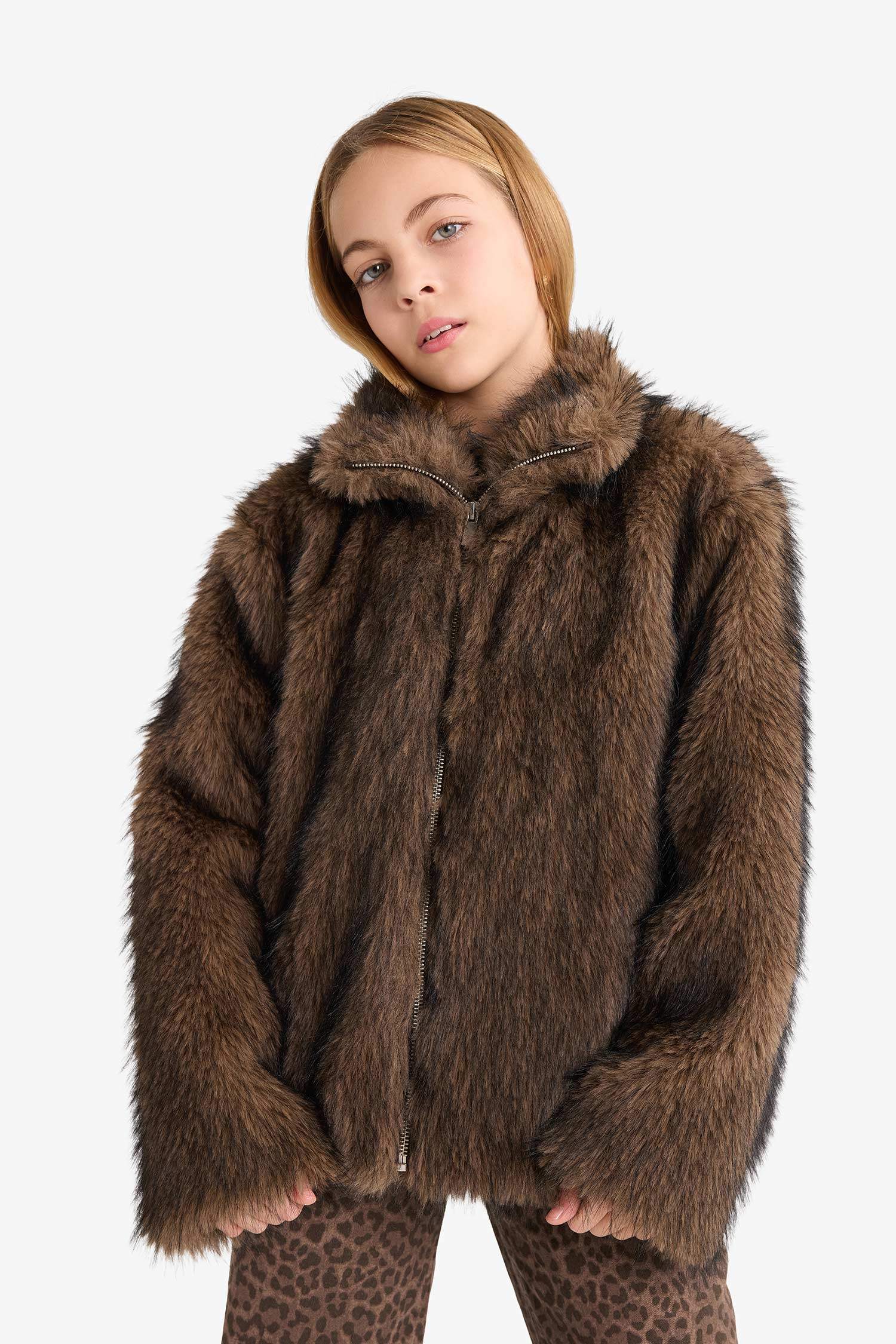 Kız Çocuk Dik Yaka Fermuarlı Suni Kürk Mont 