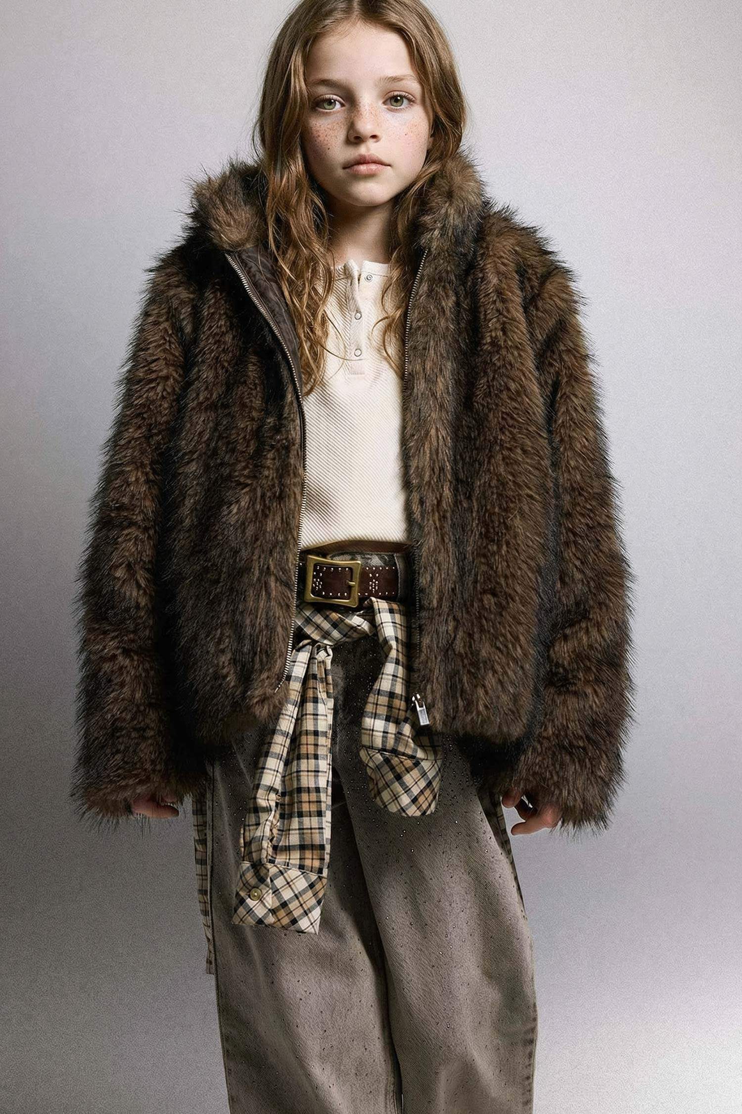 Kız Çocuk Dik Yaka Fermuarlı Suni Kürk Mont 