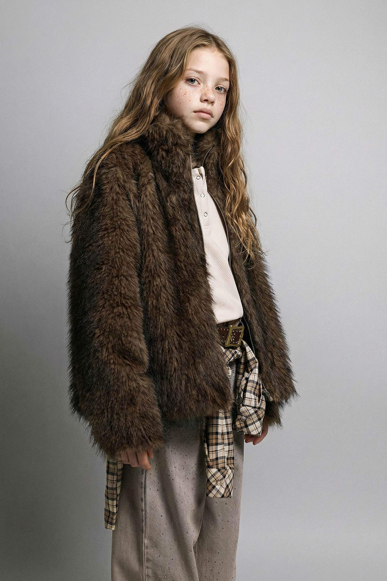 Kız Çocuk Dik Yaka Fermuarlı Suni Kürk Mont 