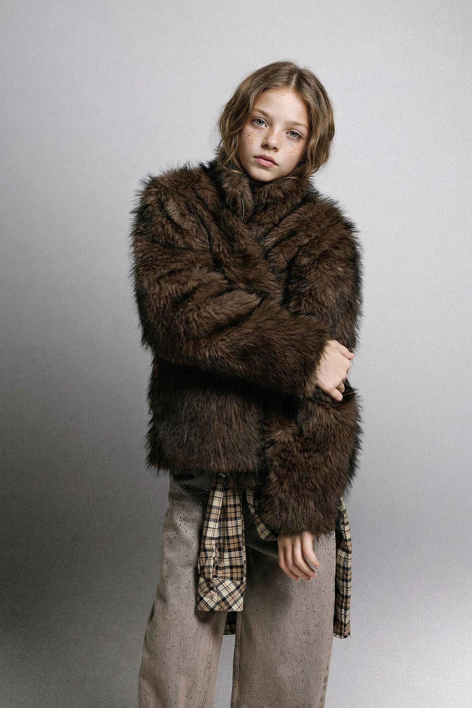 Kız Çocuk Dik Yaka Fermuarlı Suni Kürk Mont 