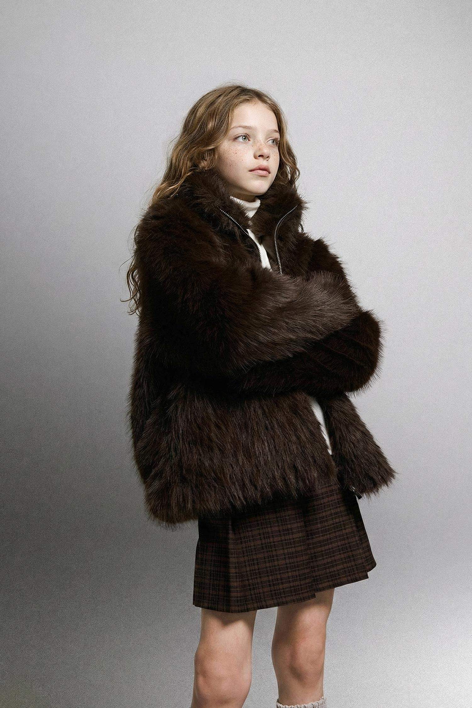 Kız Çocuk Dik Yaka Fermuarlı Suni Kürk Mont