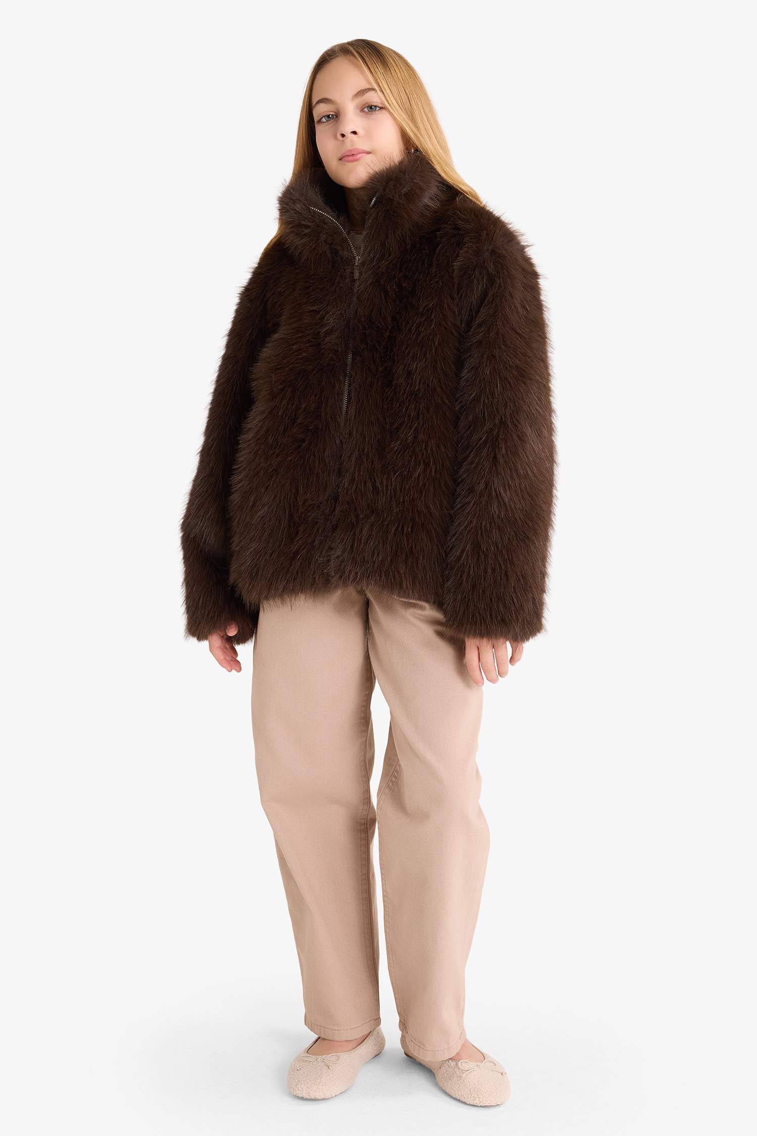 Kız Çocuk Dik Yaka Fermuarlı Suni Kürk Mont