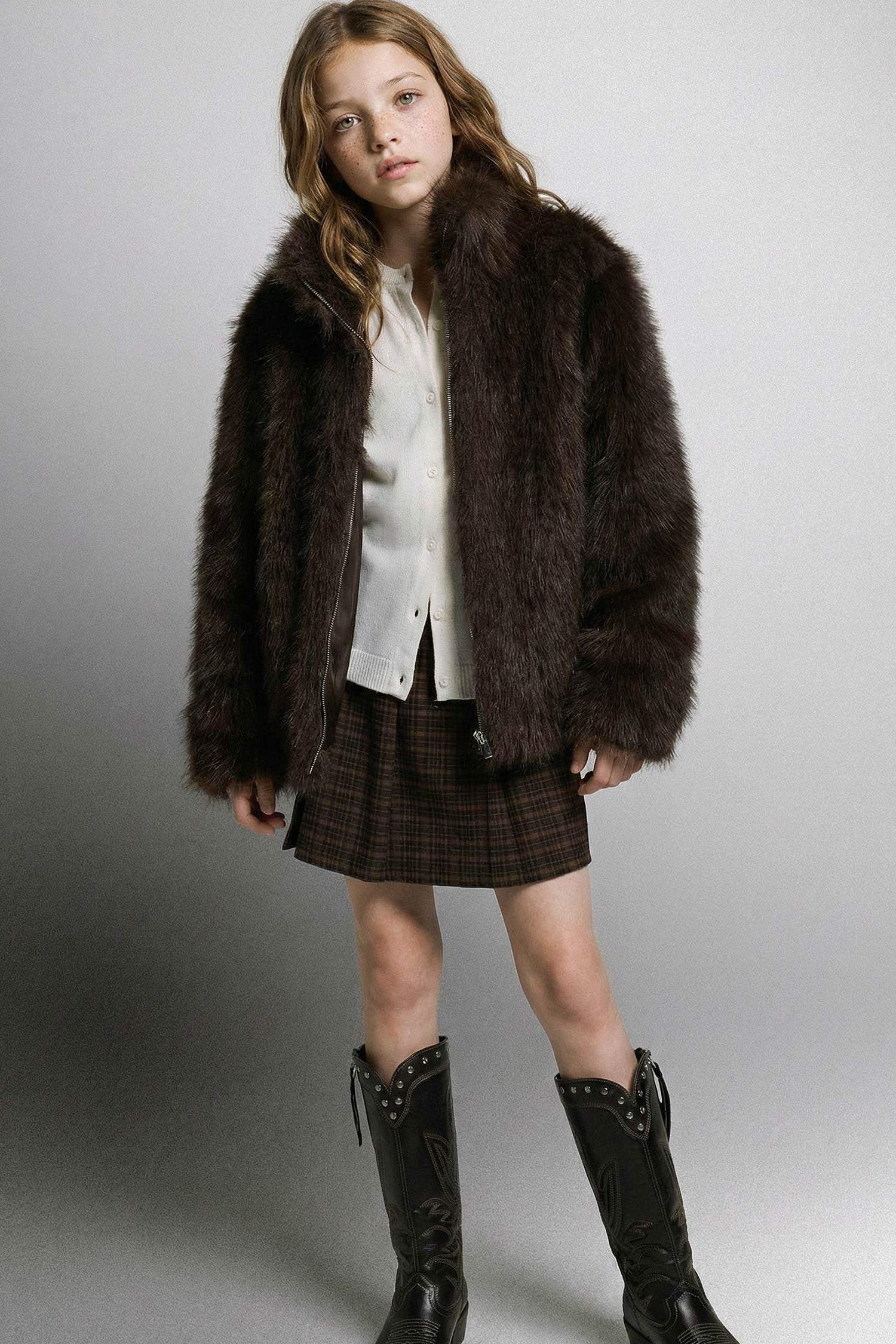 Kız Çocuk Dik Yaka Fermuarlı Suni Kürk Mont