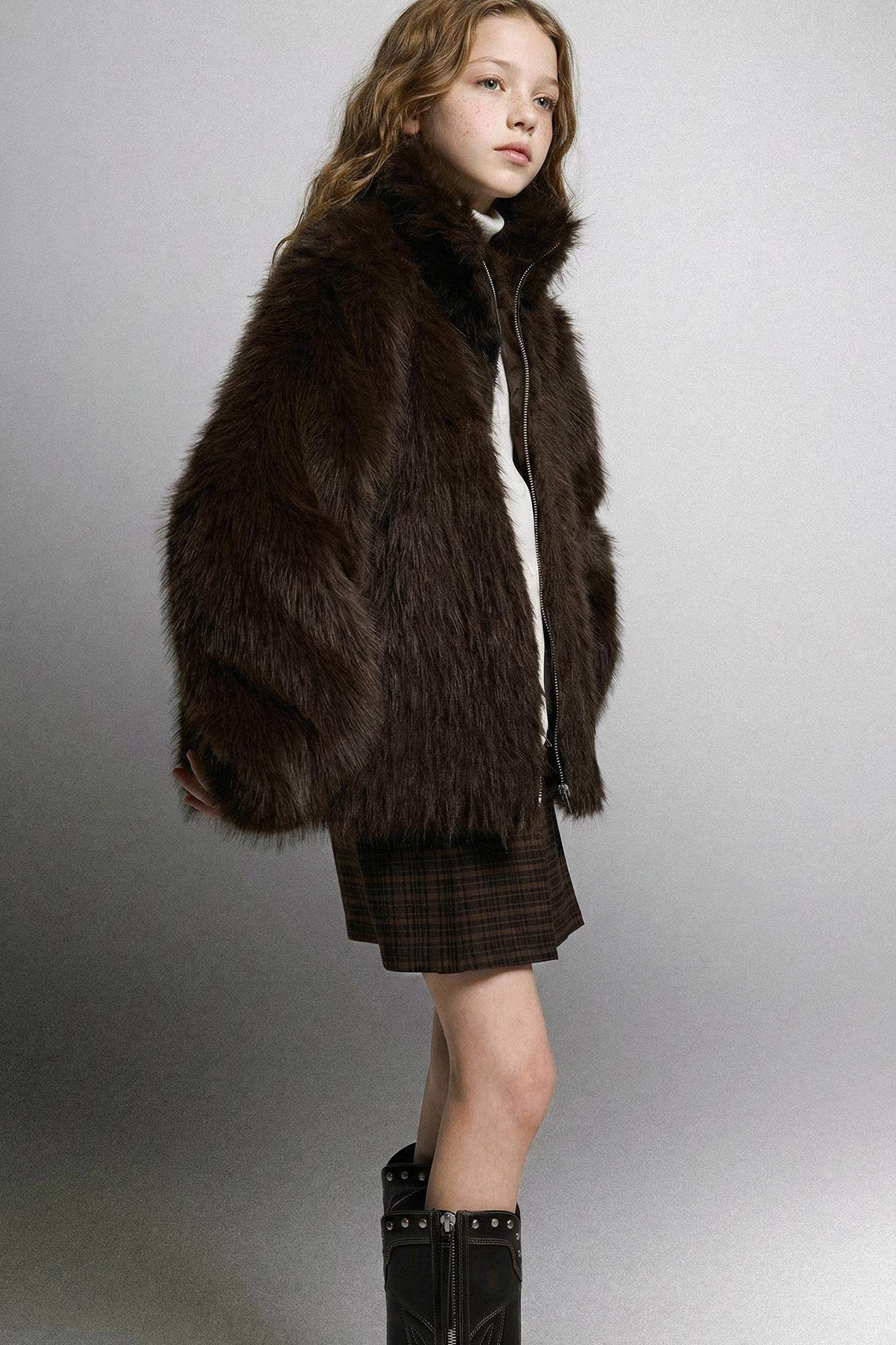 Kız Çocuk Dik Yaka Fermuarlı Suni Kürk Mont