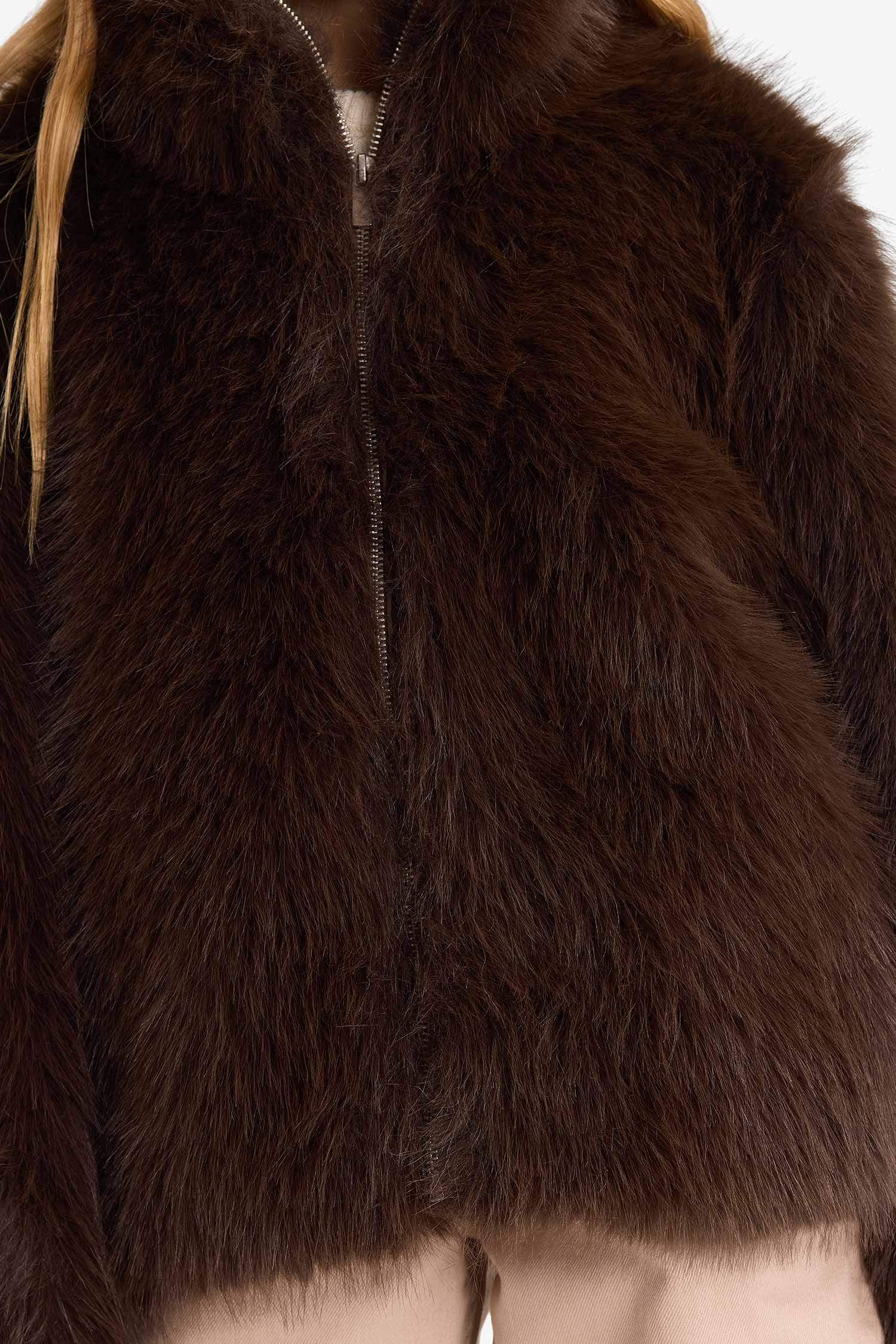 Kız Çocuk Dik Yaka Fermuarlı Suni Kürk Mont