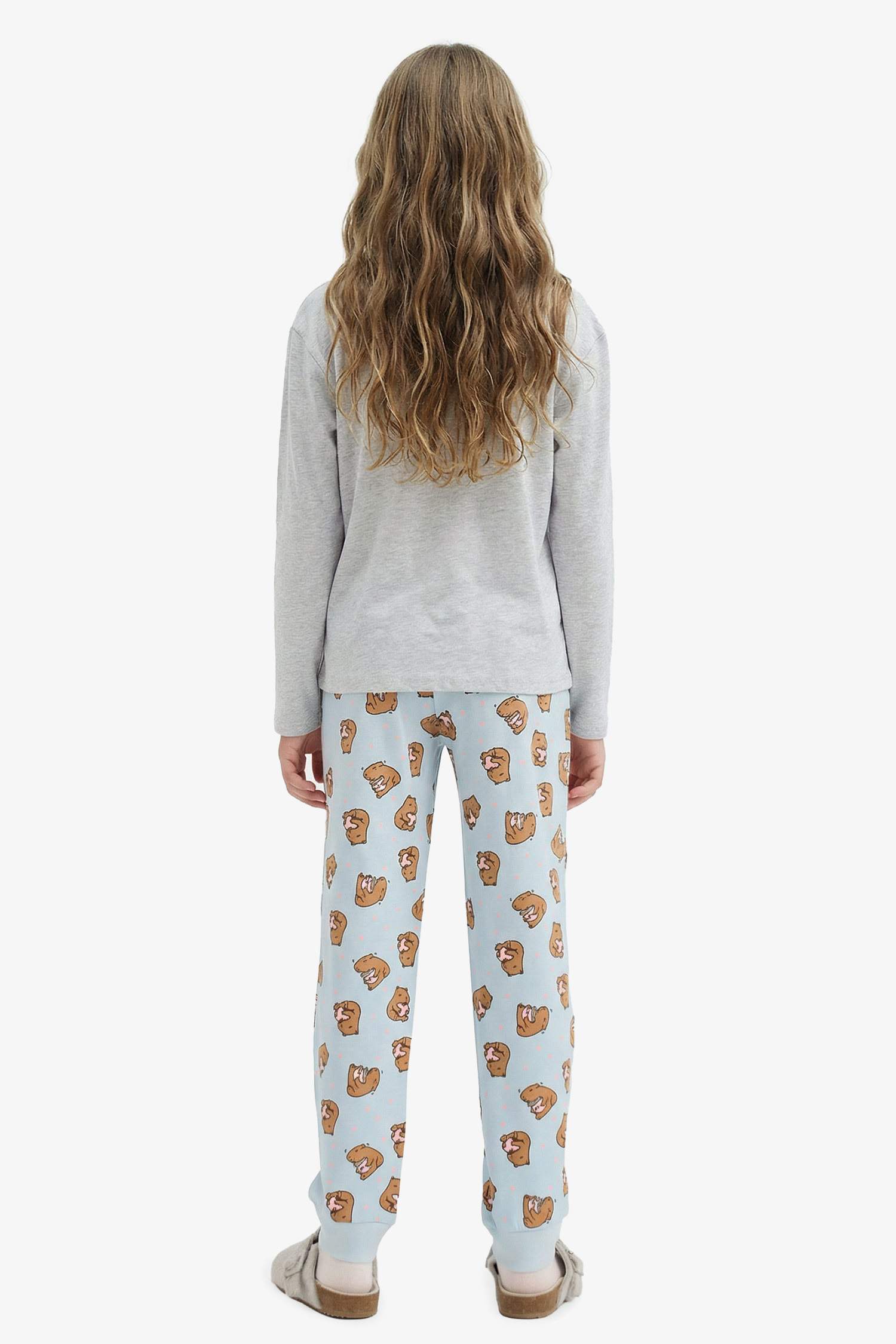 Kız Çocuk Pijama Takımı Baskılı Uzun Kollu Üst Desenli Uzun Alt