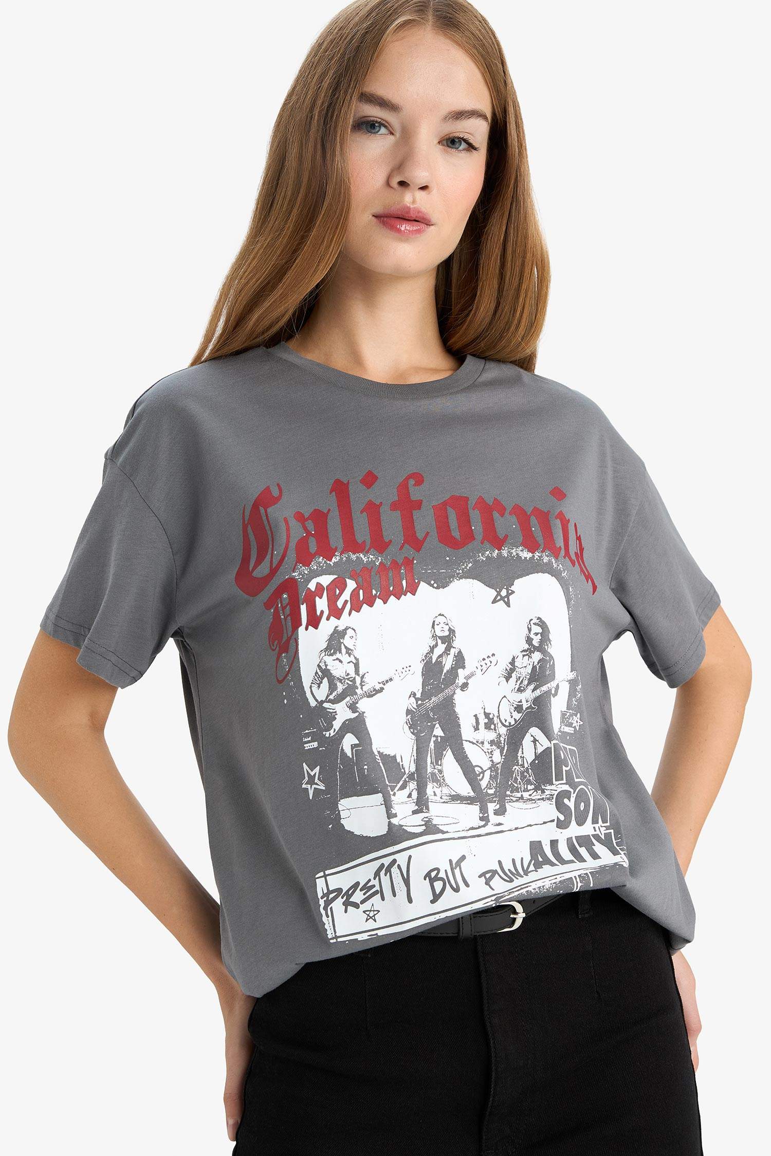 Oversize Geniş Kalıp Bisiklet Yaka Baskılı Kısa Kollu Tişört