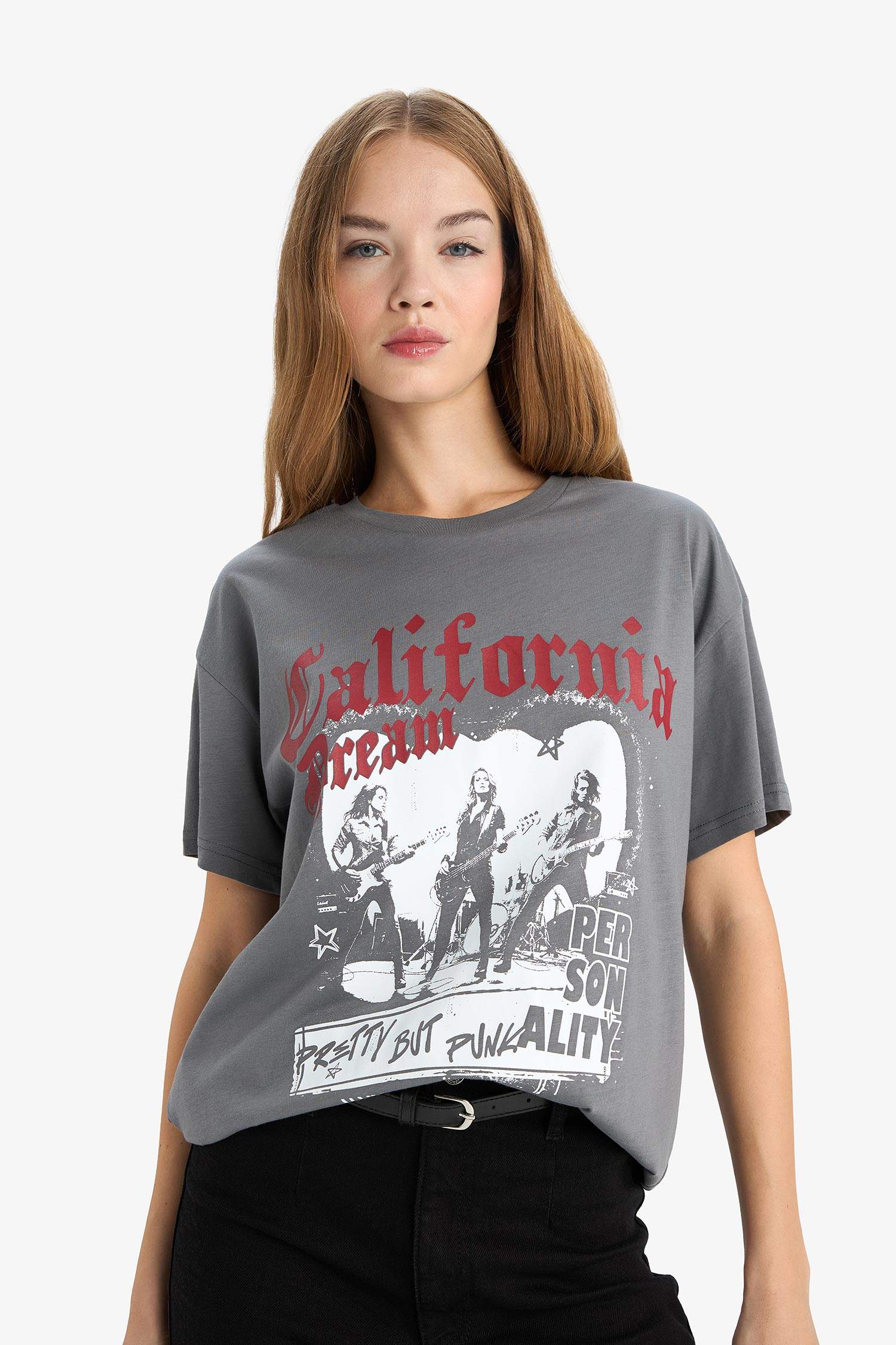 Oversize Geniş Kalıp Bisiklet Yaka Baskılı Kısa Kollu Tişört