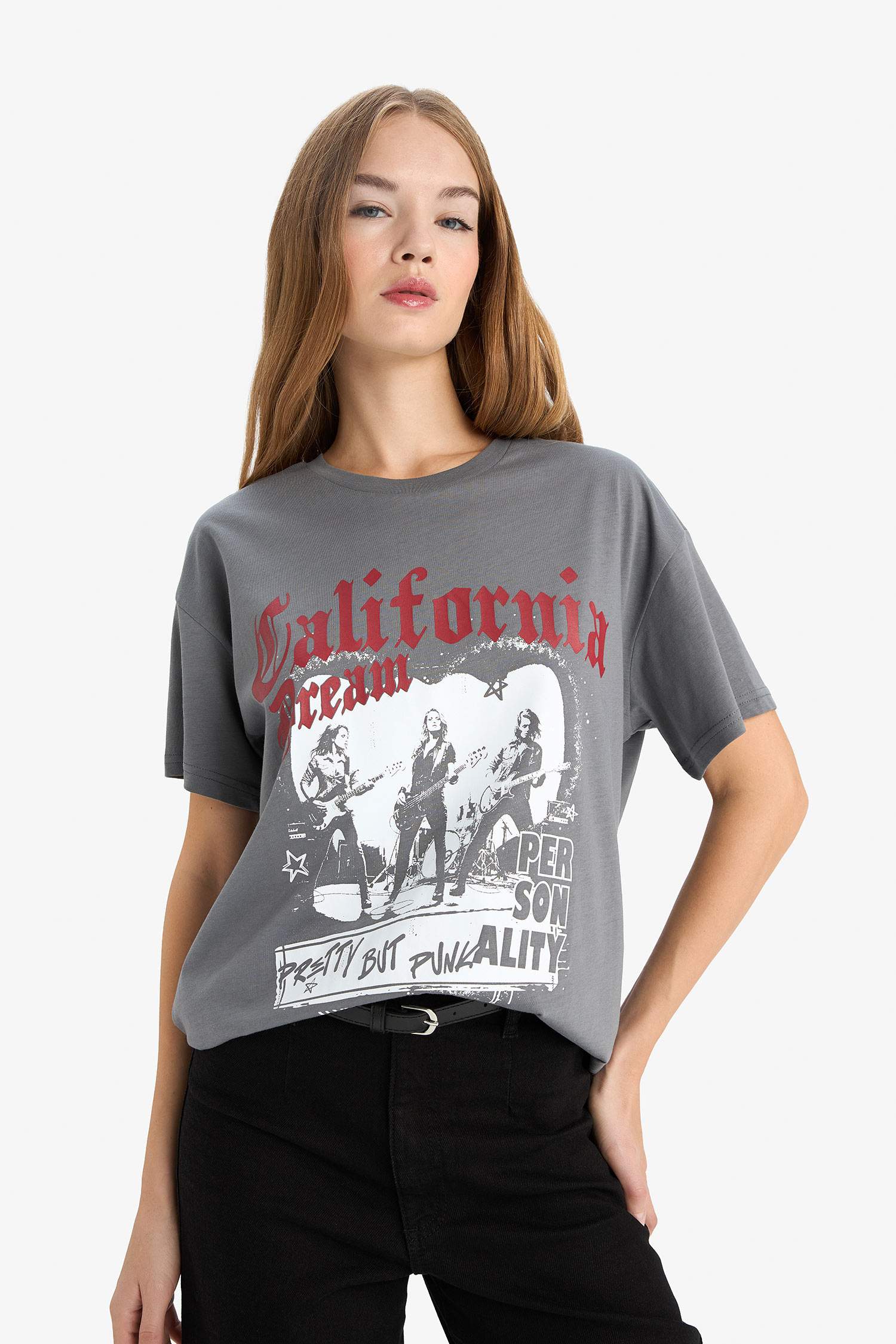 Oversize Geniş Kalıp Bisiklet Yaka Baskılı Kısa Kollu Tişört