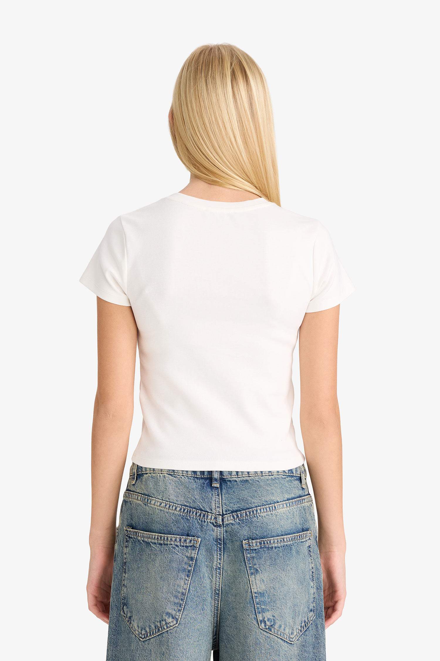 Fitted Star Patterned Ribbed Short Sleeve T-Shirt