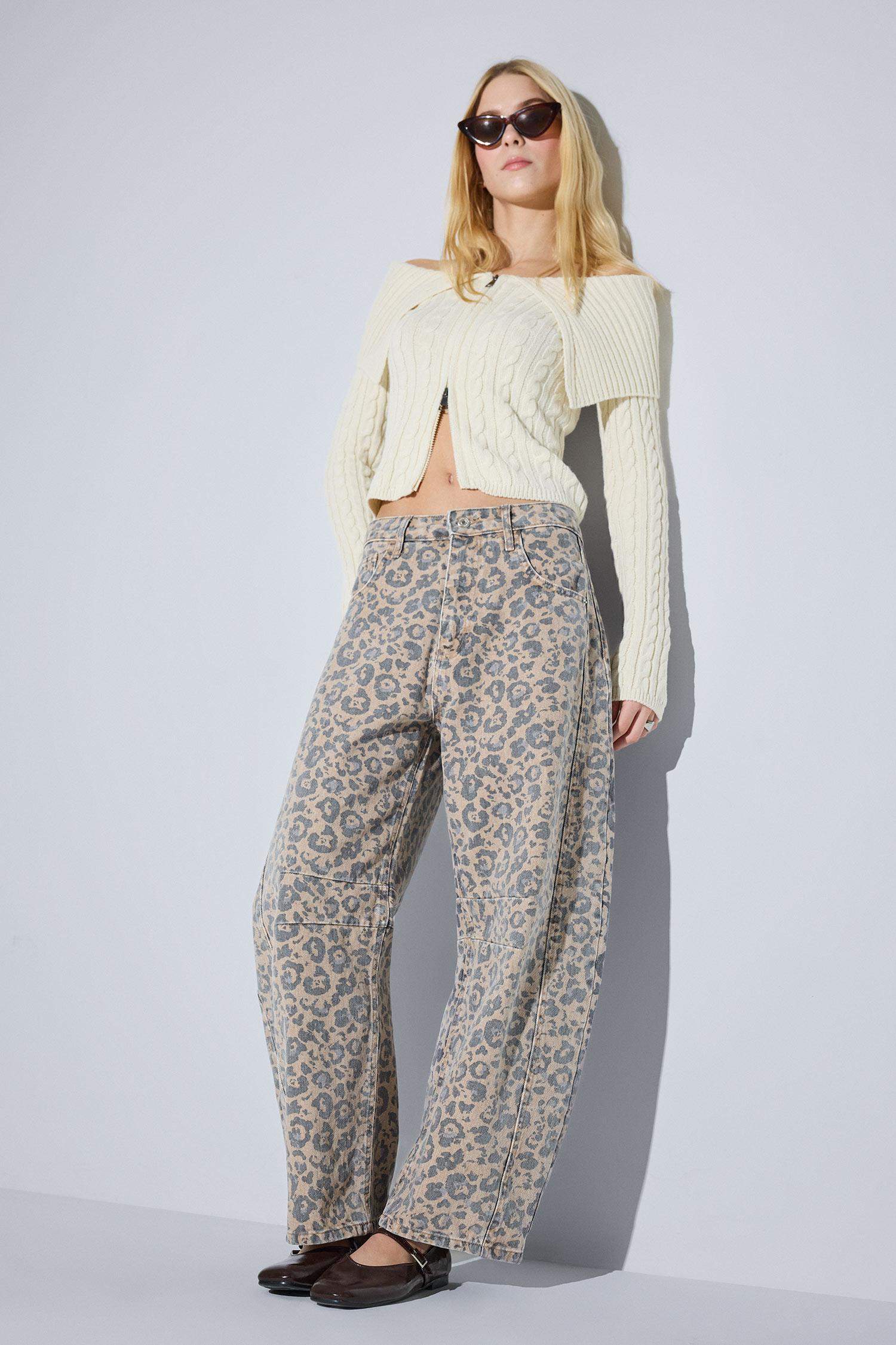 Baggy Fit Leopard Print Gabardine Trousers