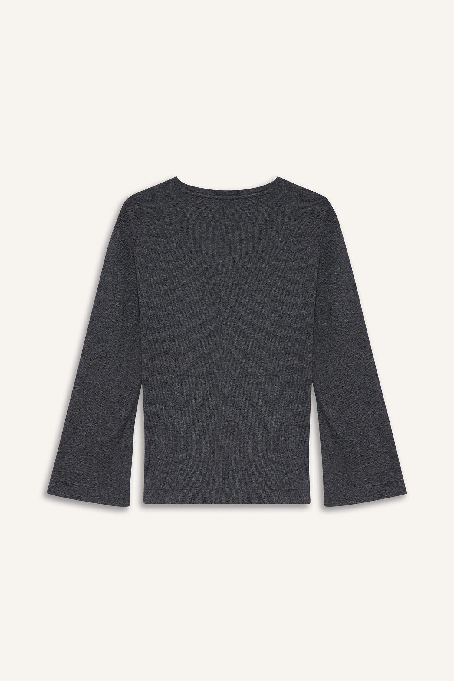 Regular Fit Bisiklet Yaka Bağlama Detaylı Uzun Kollu Tişört