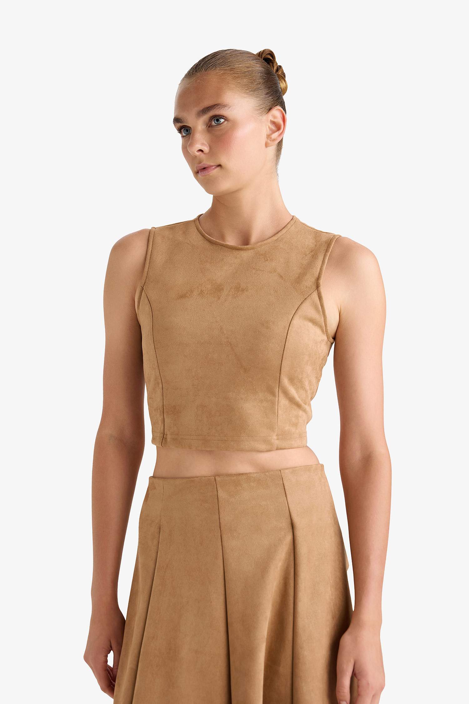 Bisiklet Yaka Süet Kolsuz Bluz