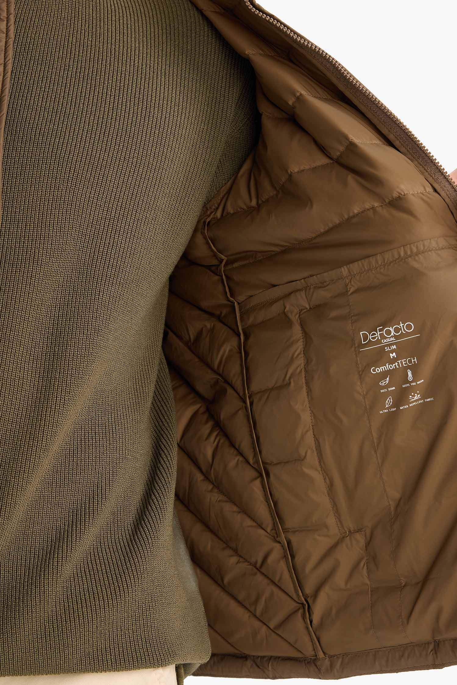 Su İtici Kaz Tüyü Slim Fit Dar Kesim Dik Yaka İç Cep Detaylı Fermuarlı Cepli Mont