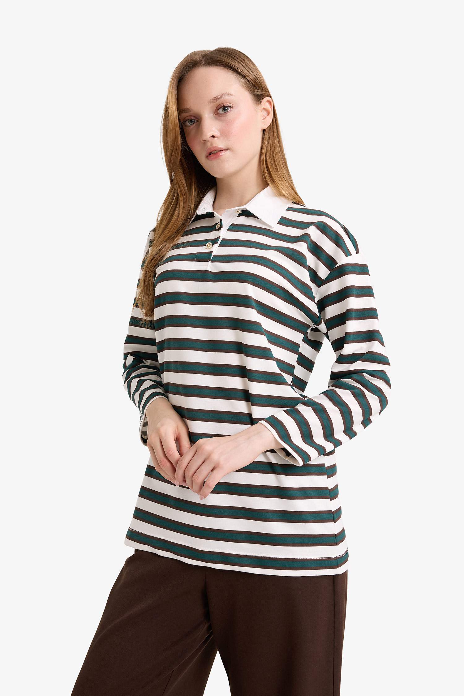 Regular Fit Polo Yaka Çizgili Sweatshirt Tunik