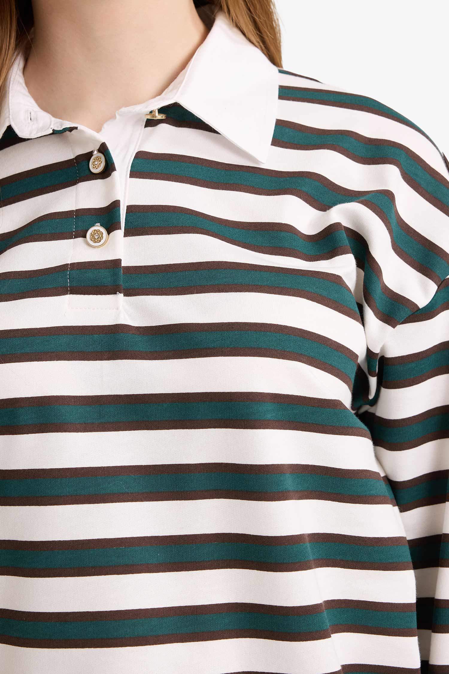 Regular Fit Polo Yaka Çizgili Sweatshirt Tunik