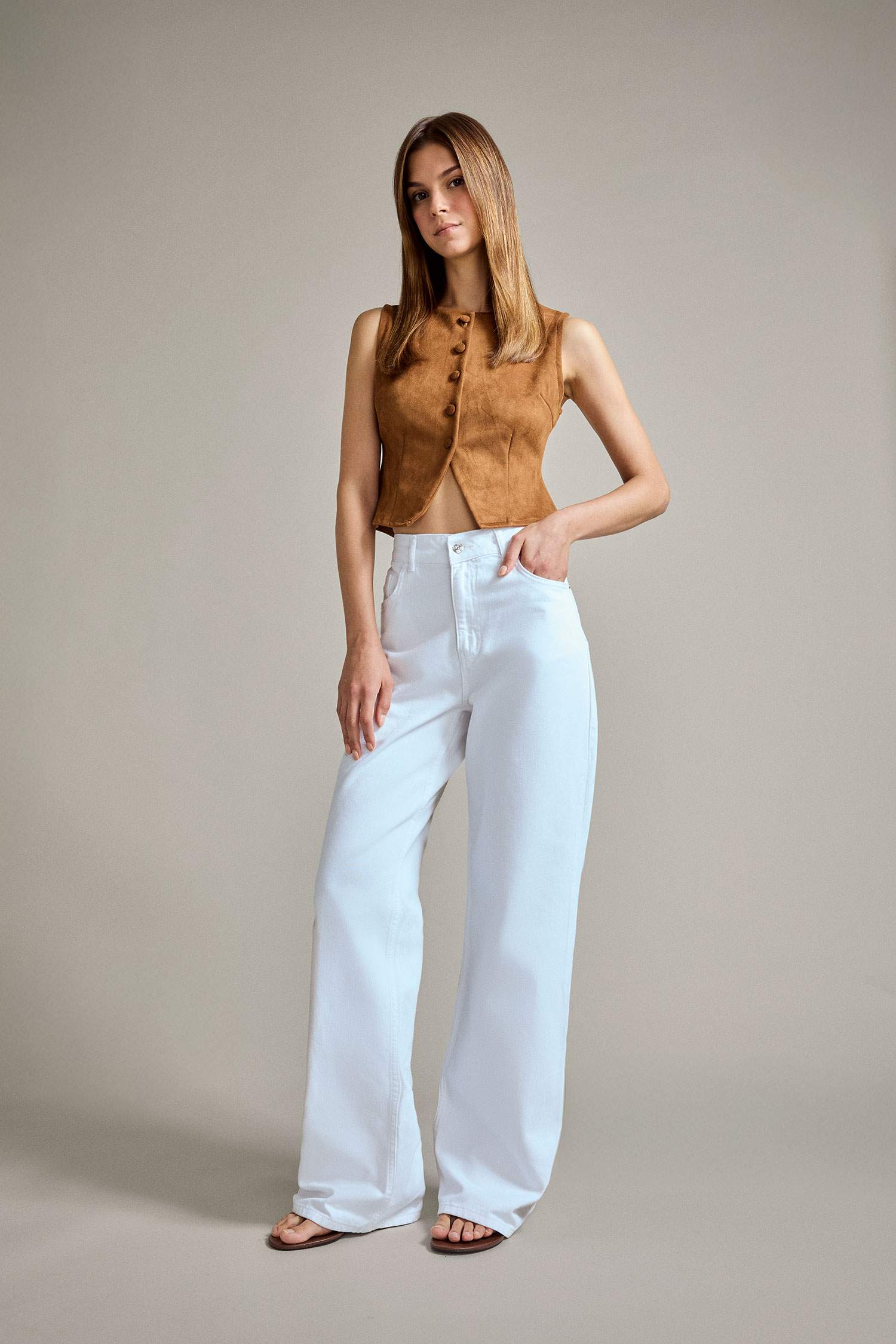 Düğmeli Crop Süet Yelek