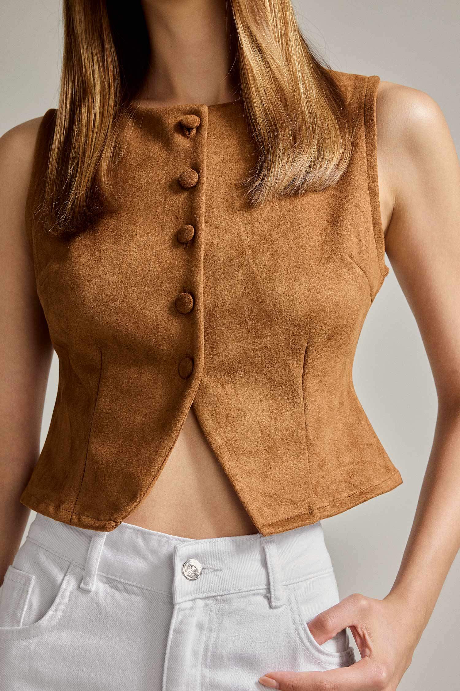 Düğmeli Crop Süet Yelek