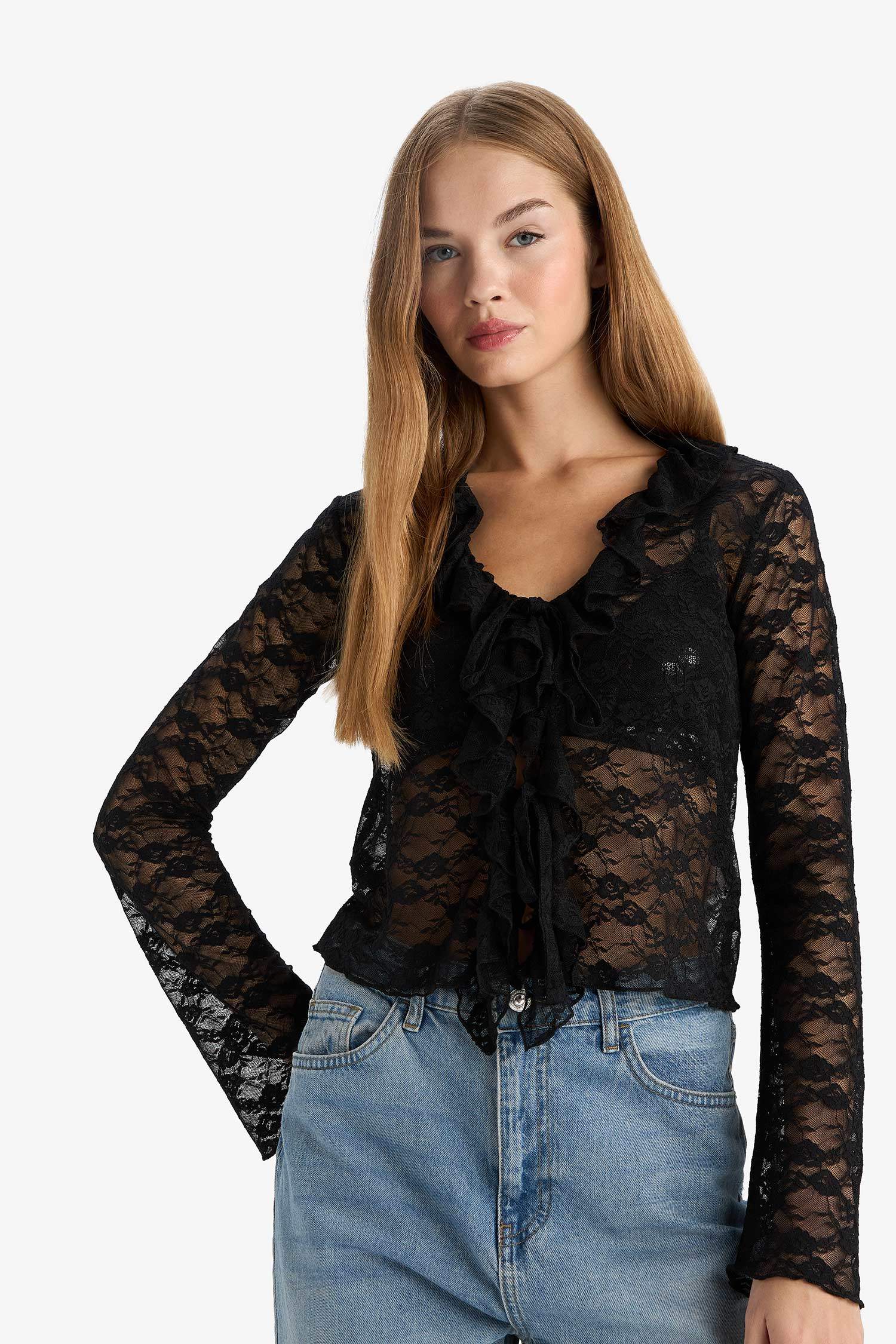 Fitted V Yaka Önden Bağlamalı Dantel Uzun Kollu Bluz