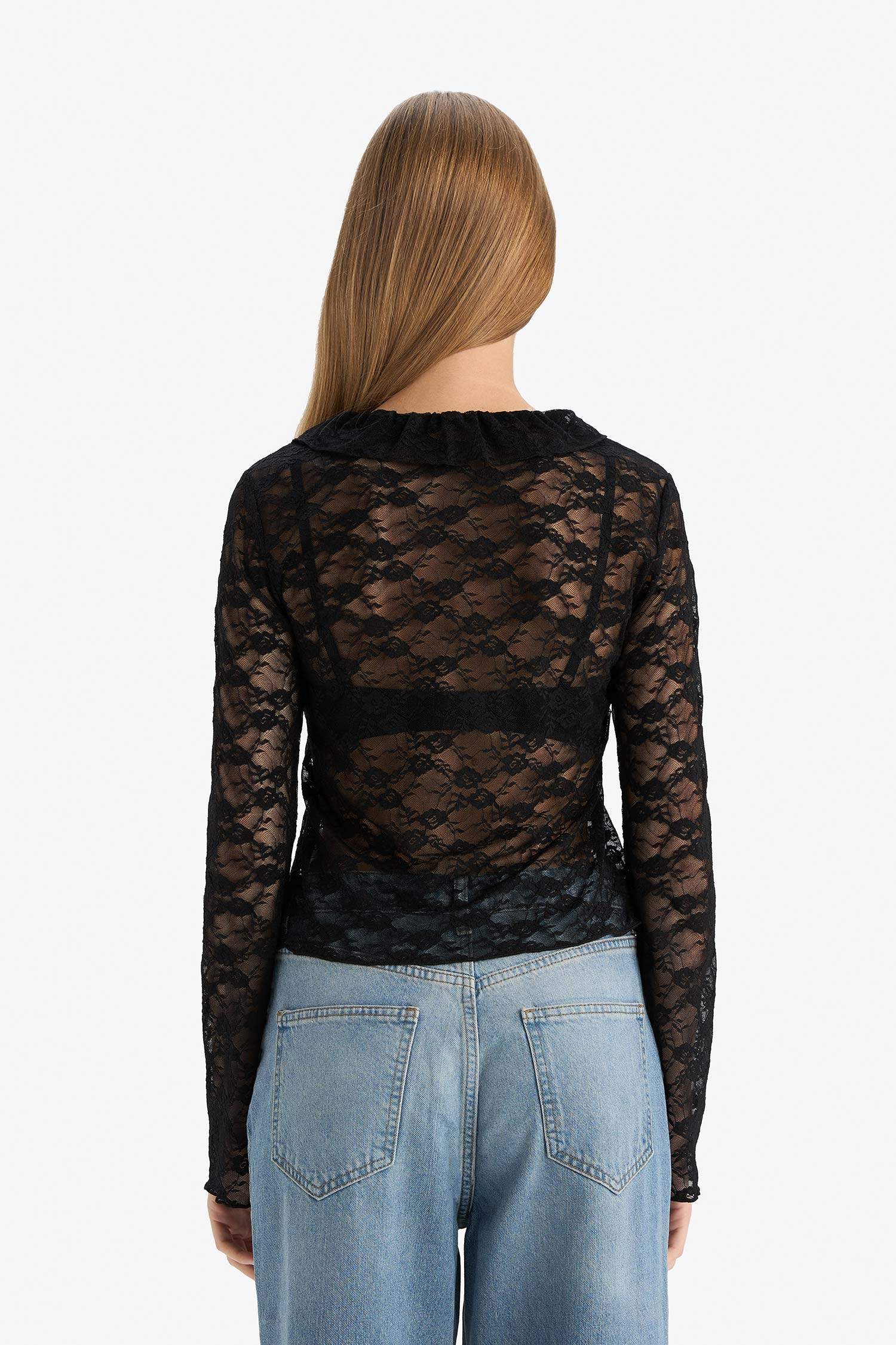 Fitted V Yaka Önden Bağlamalı Dantel Uzun Kollu Bluz