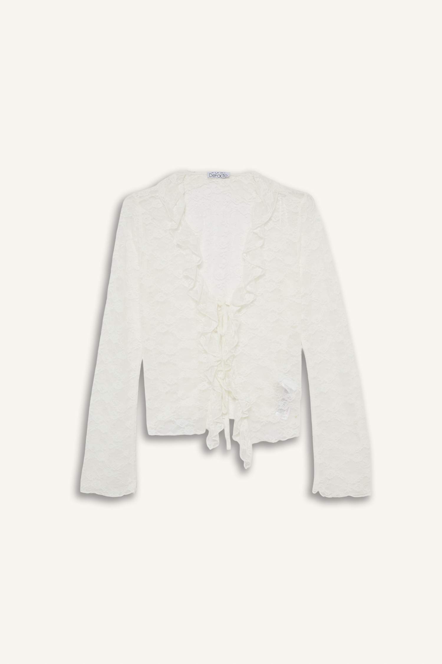 Fitted V Yaka Önden Bağlamalı Dantel Uzun Kollu Bluz