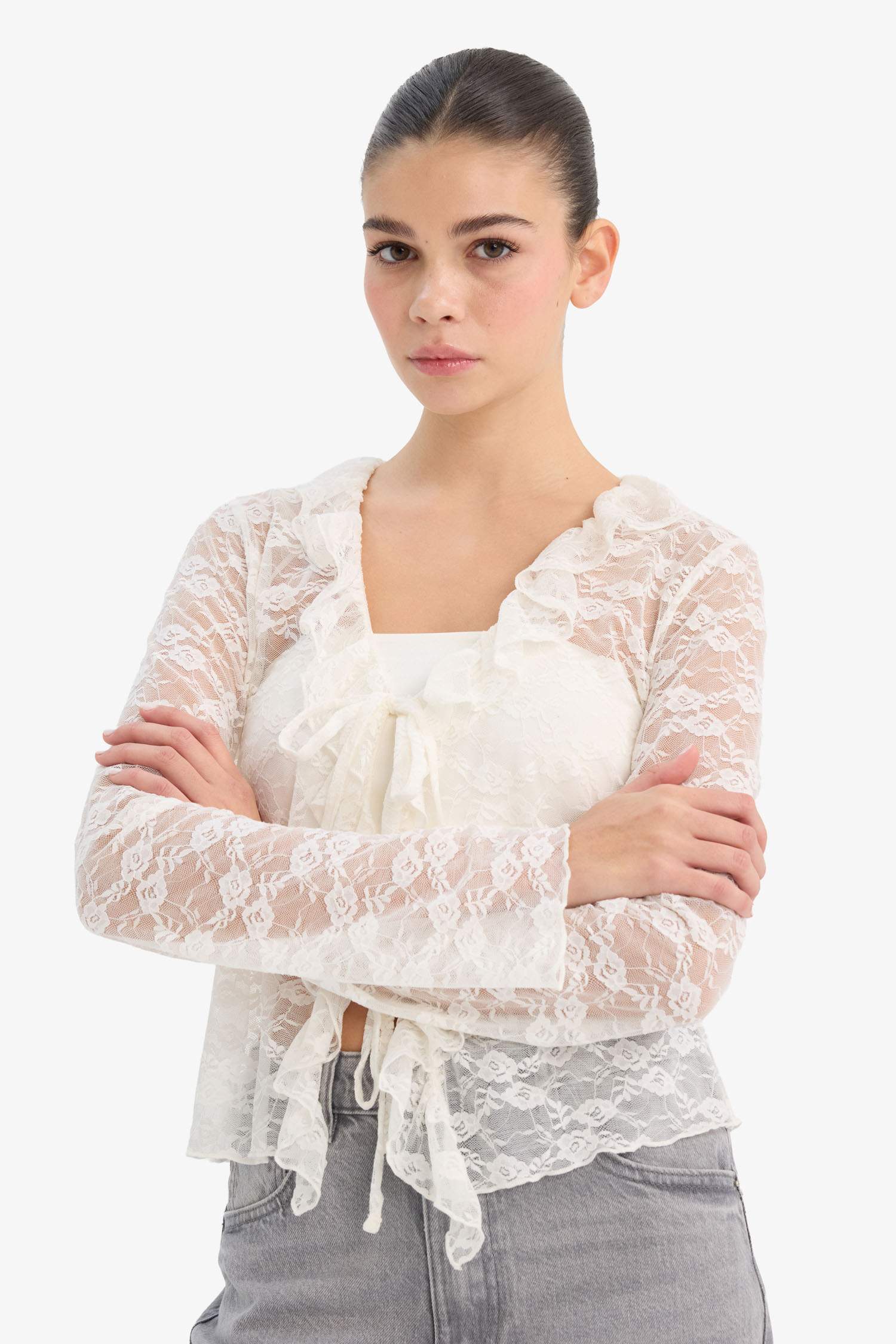 Fitted V-Neck Lace Long Sleeve Blouse