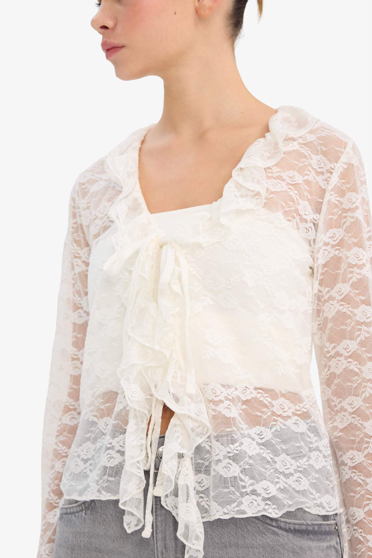 Fitted V-Neck Lace Long Sleeve Blouse