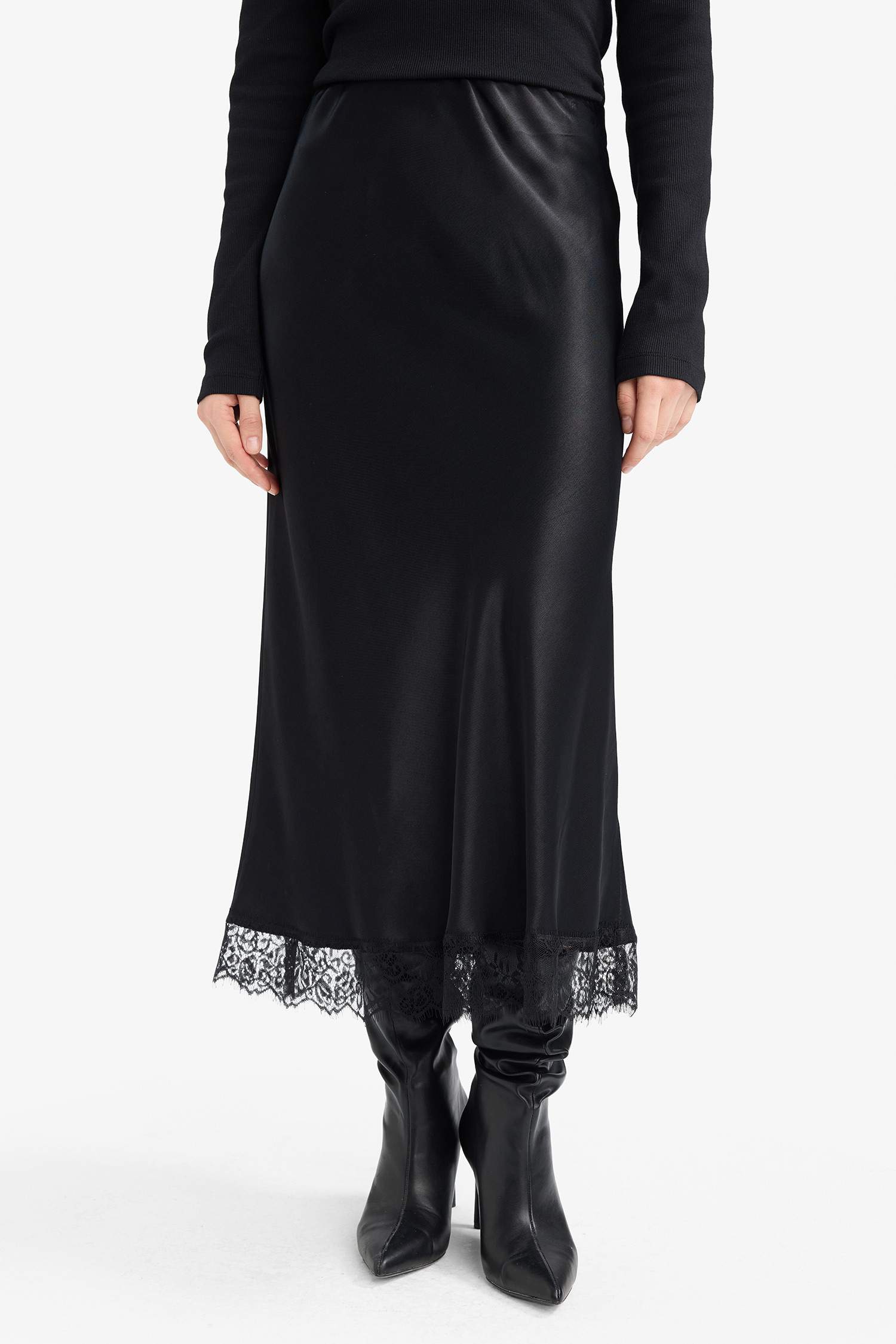 A Cut Satin Normal Waist Midi Skirt