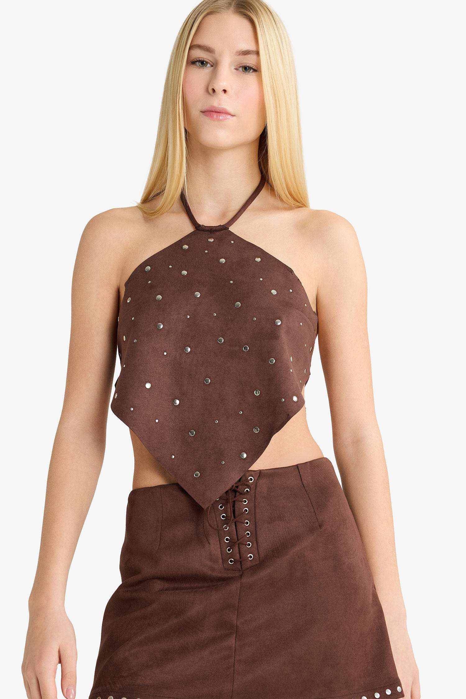 Coool Fitted Boyundan Bağlamalı Süet Bluz