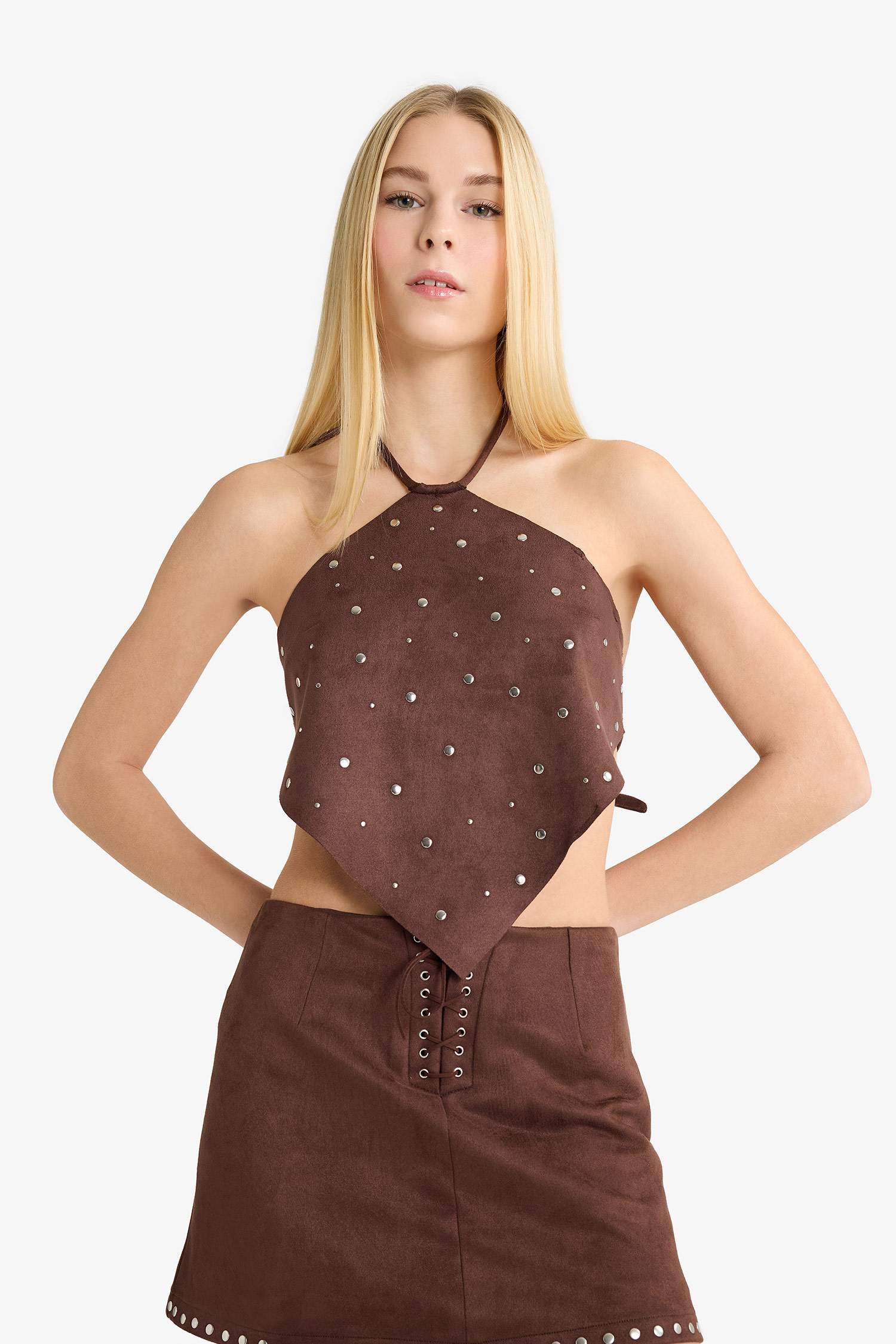 Coool Fitted Boyundan Bağlamalı Süet Bluz