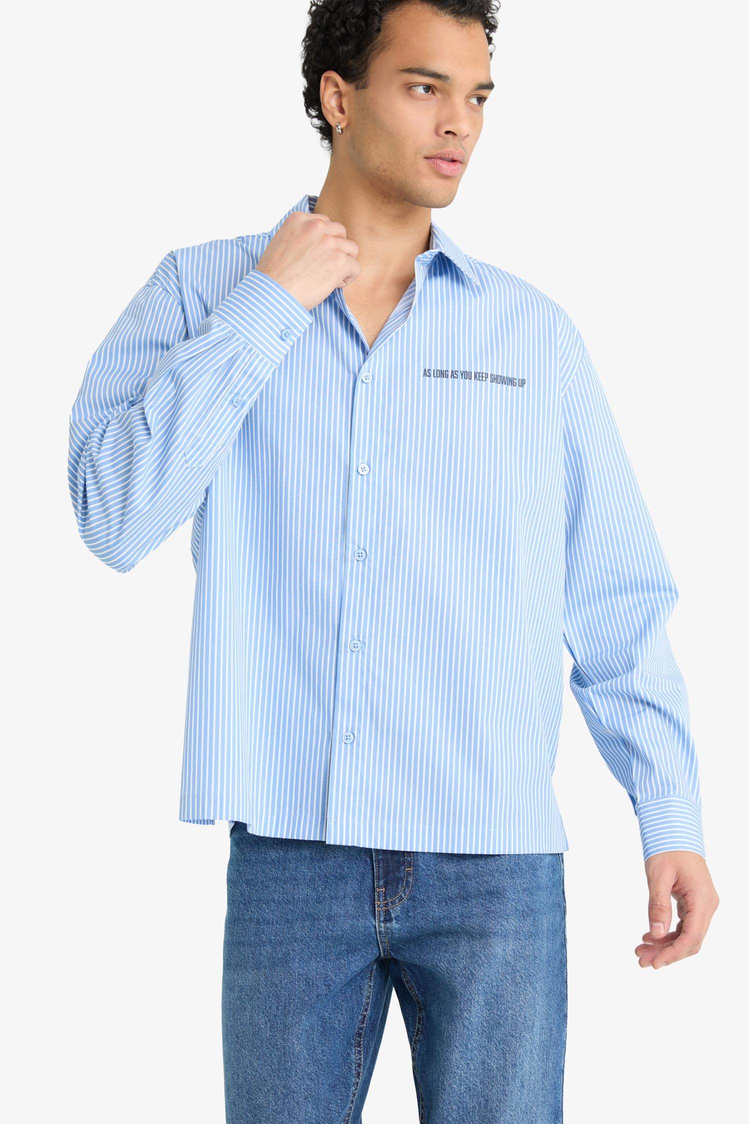 Boxy Fit Baskılı Çizgili Dokuma Uzun Kollu Gömlek