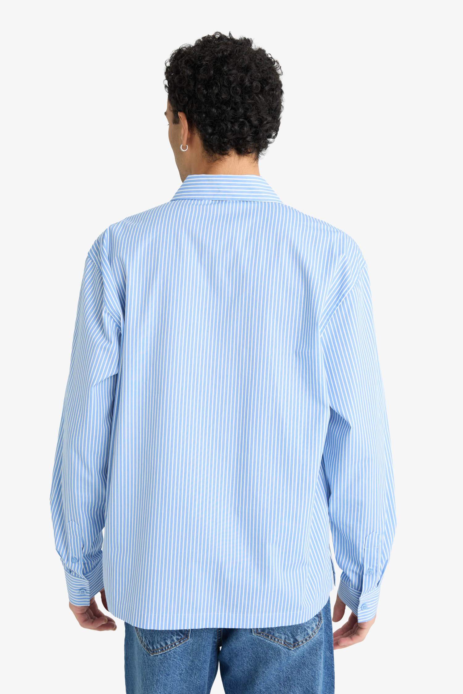 Boxy Fit Printed Striped Woven Long Sleeve Shirt