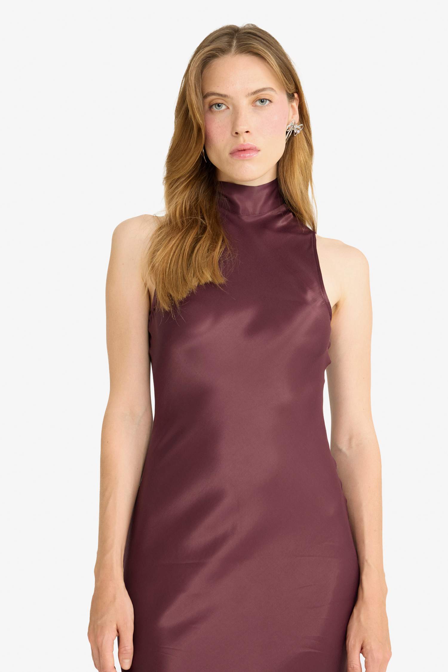 Regular Fit Saten Kolsuz Maxi Elbise