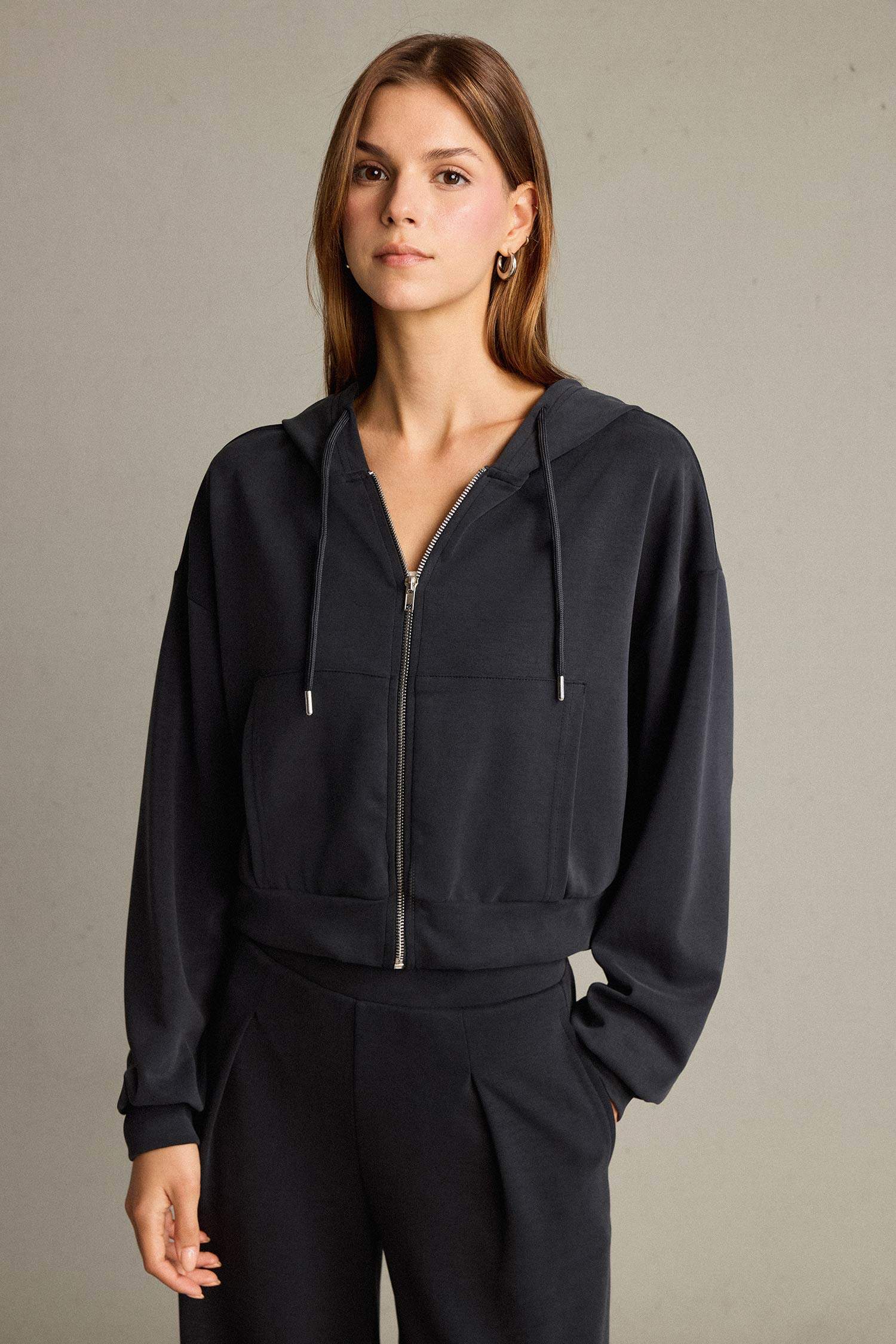 Kapüşonlu Modal Fermuarlı Sweatshirt