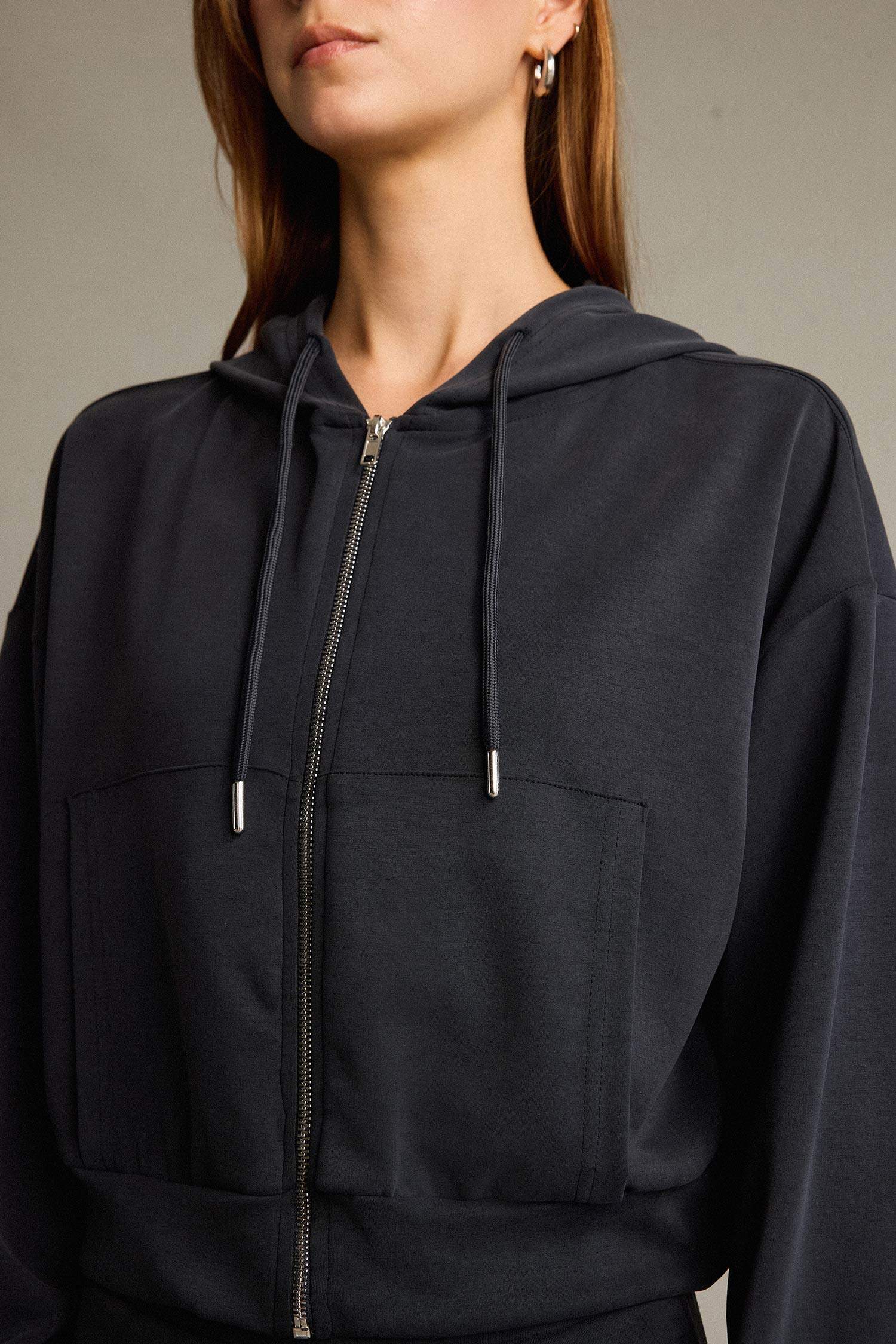 Kapüşonlu Modal Fermuarlı Sweatshirt