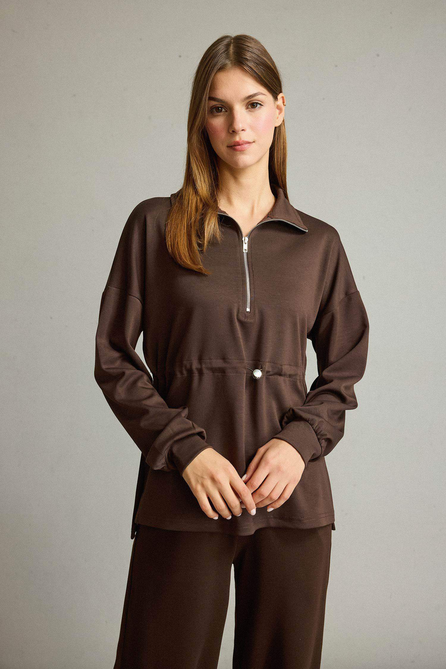 Polo Yaka Beli Lastikli Yarım Fermuarlı Modal Sweatshirt