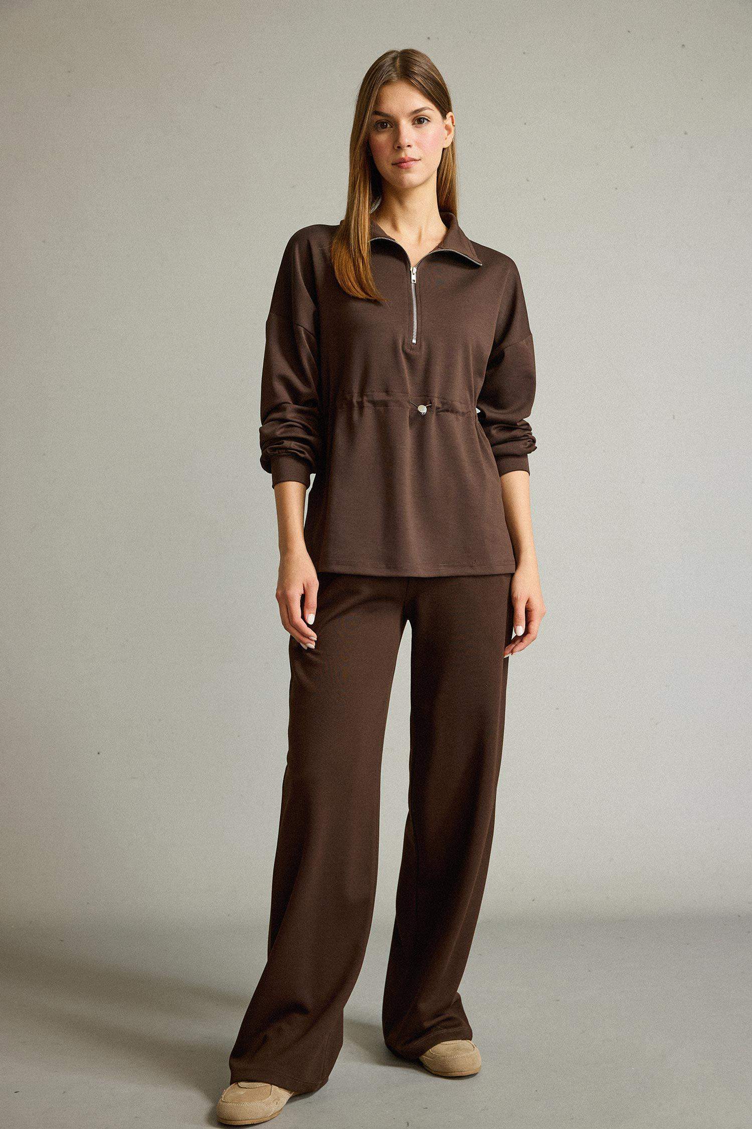 Polo Yaka Beli Lastikli Yarım Fermuarlı Modal Sweatshirt