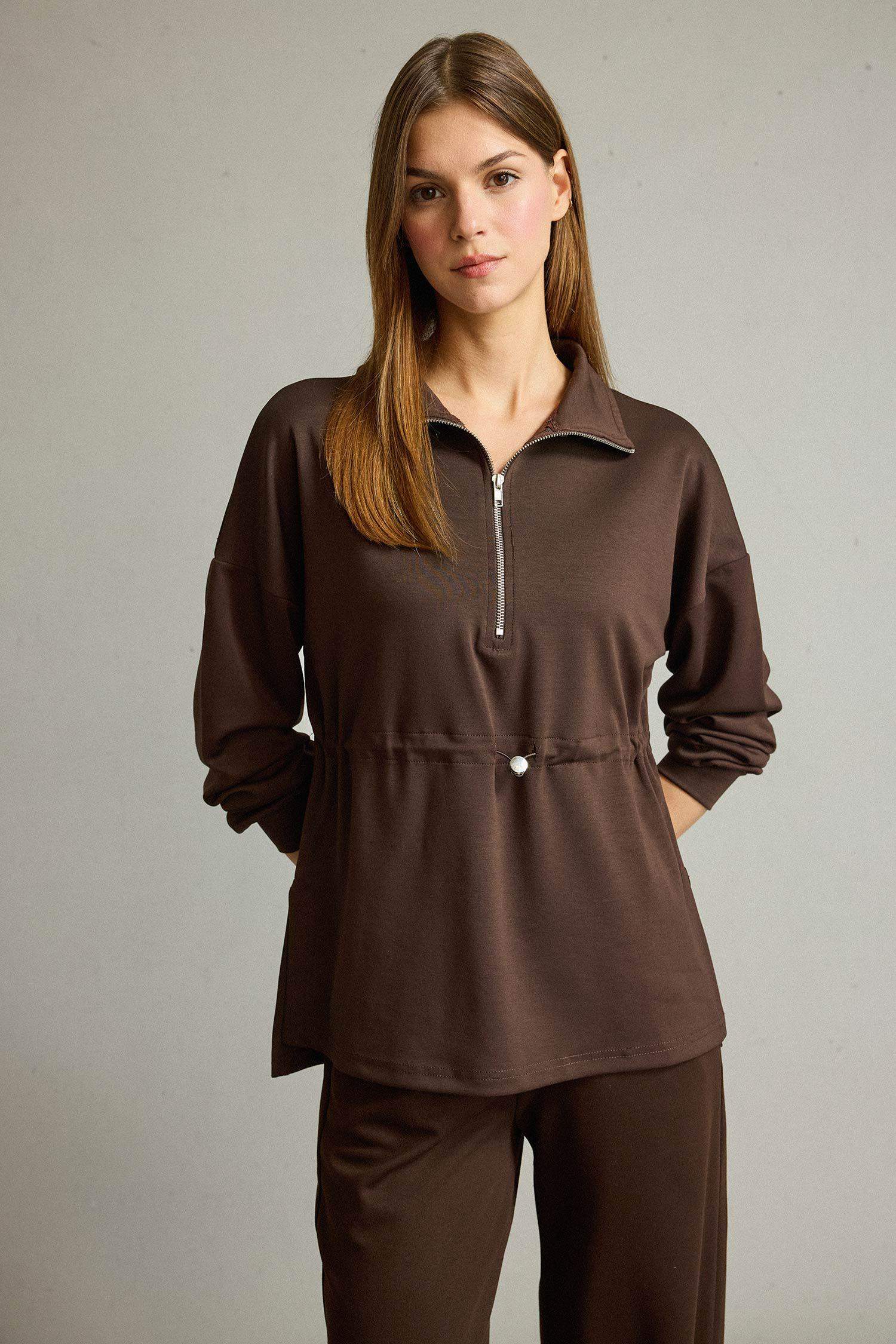 Polo Yaka Beli Lastikli Yarım Fermuarlı Modal Sweatshirt