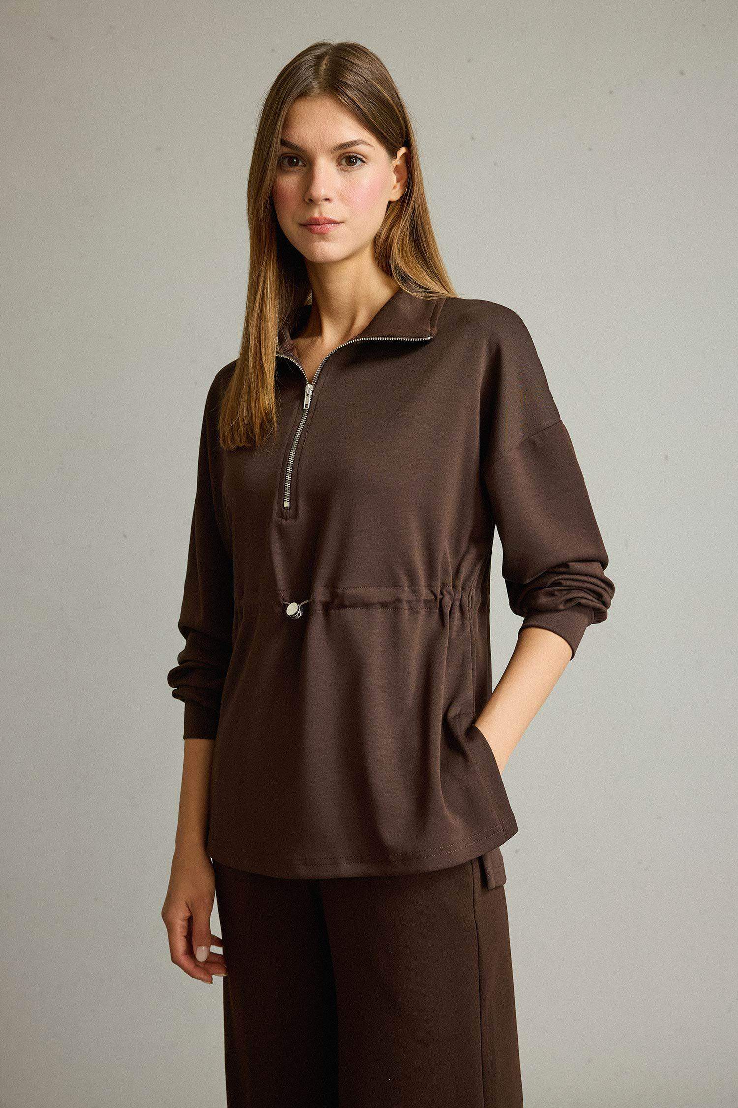 Polo Yaka Beli Lastikli Yarım Fermuarlı Modal Sweatshirt