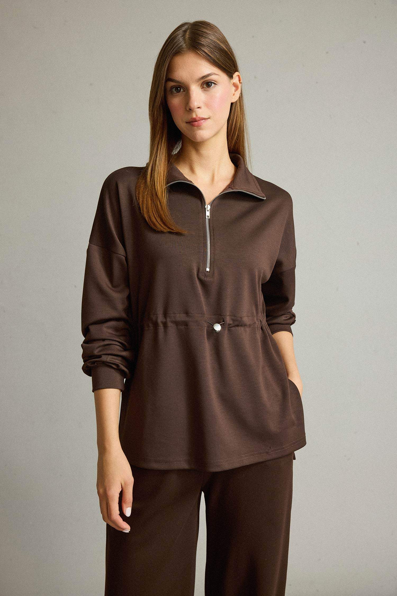 Polo Yaka Beli Lastikli Yarım Fermuarlı Modal Sweatshirt