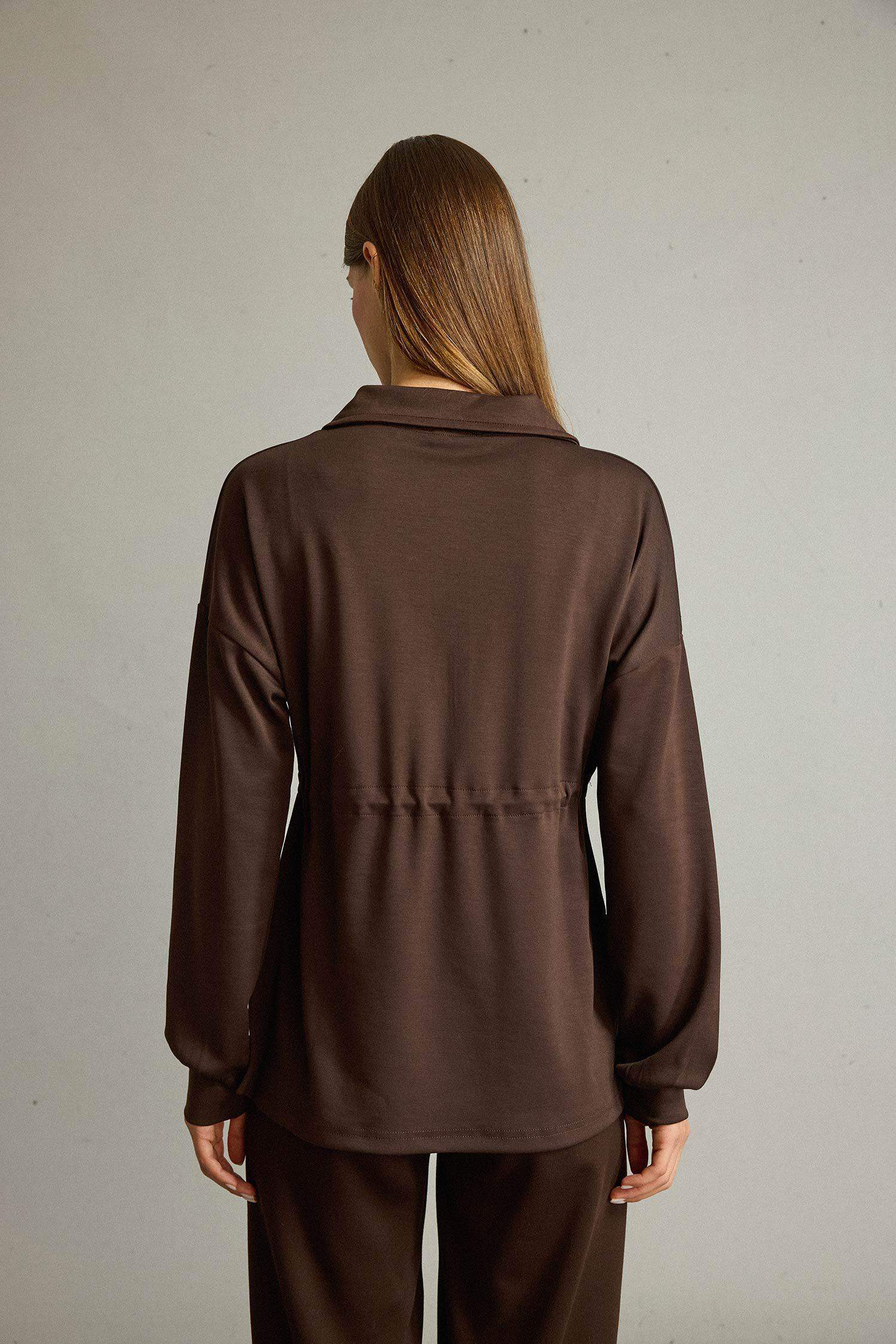 Polo Yaka Beli Lastikli Yarım Fermuarlı Modal Sweatshirt