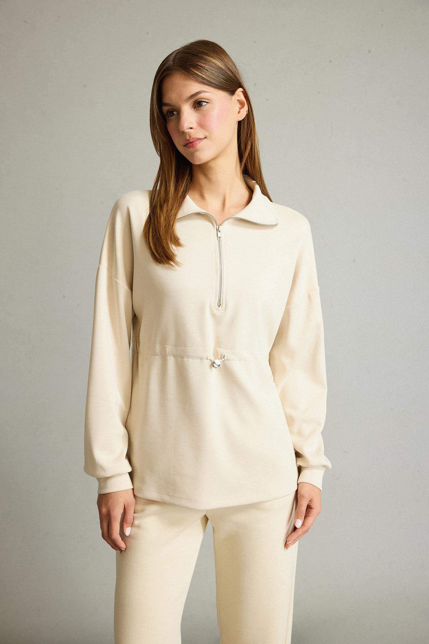 Polo Yaka Beli Lastikli Yarım Fermuarlı Modal Sweatshirt