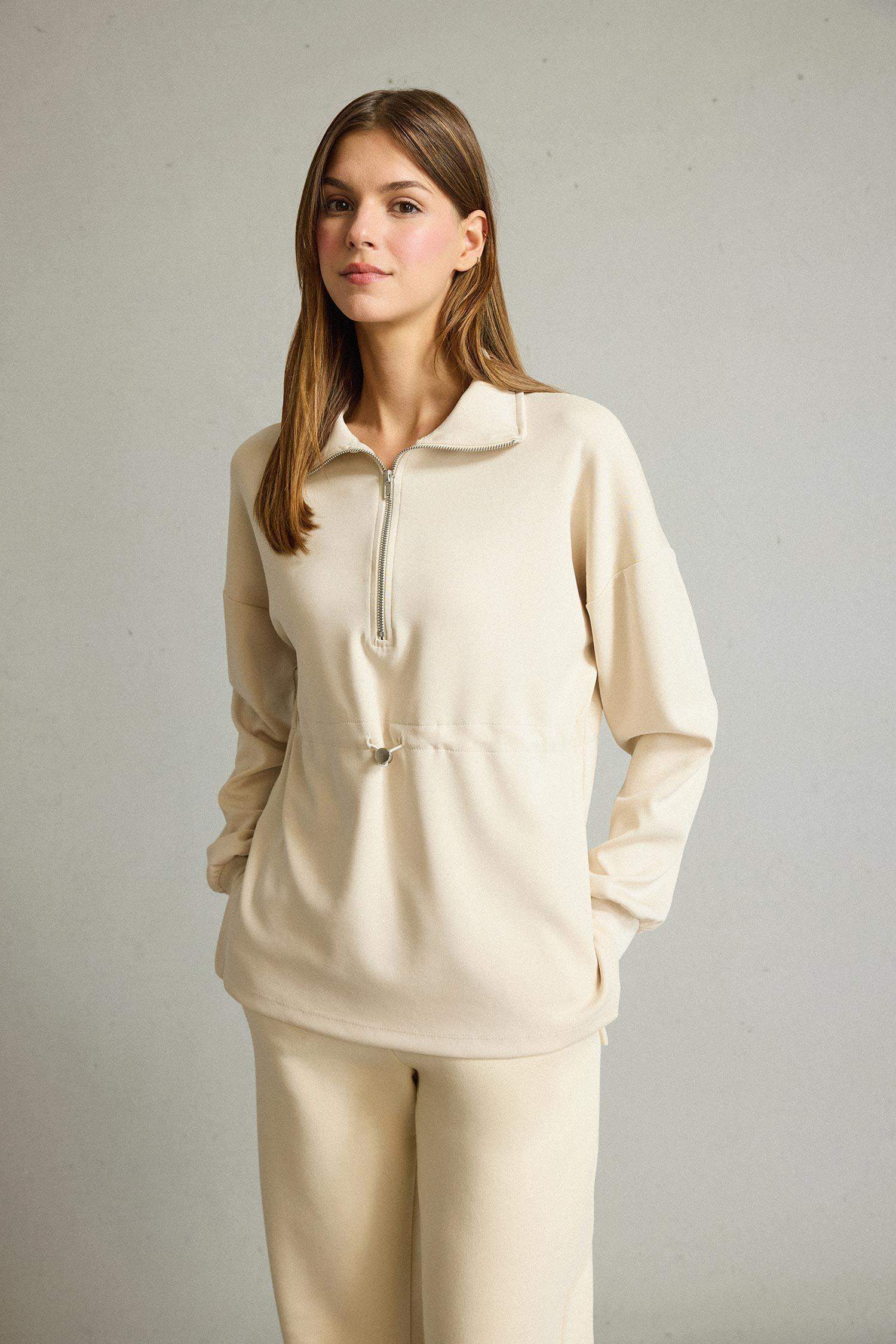 Polo Yaka Beli Lastikli Yarım Fermuarlı Modal Sweatshirt