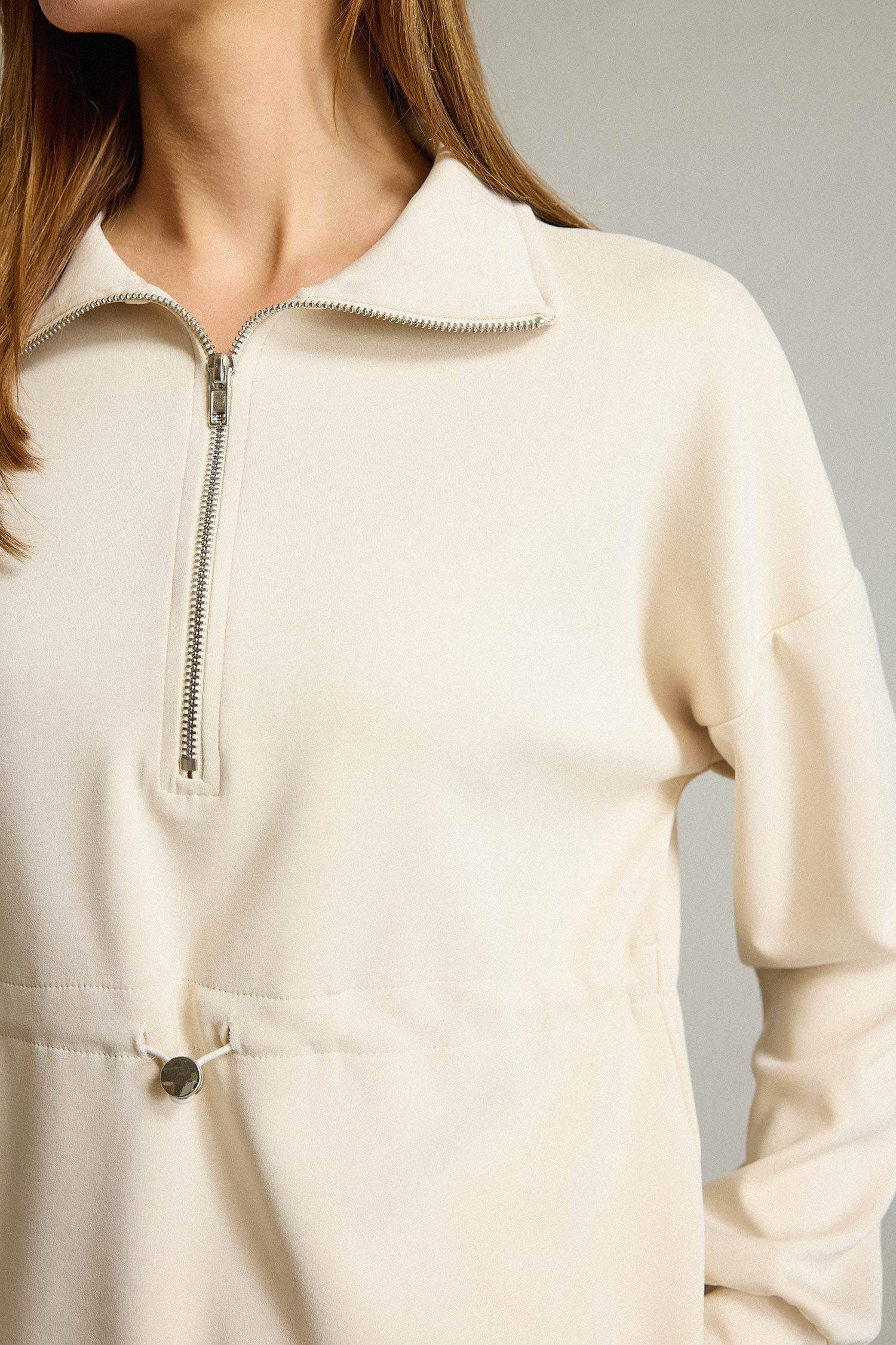 Polo Yaka Beli Lastikli Yarım Fermuarlı Modal Sweatshirt