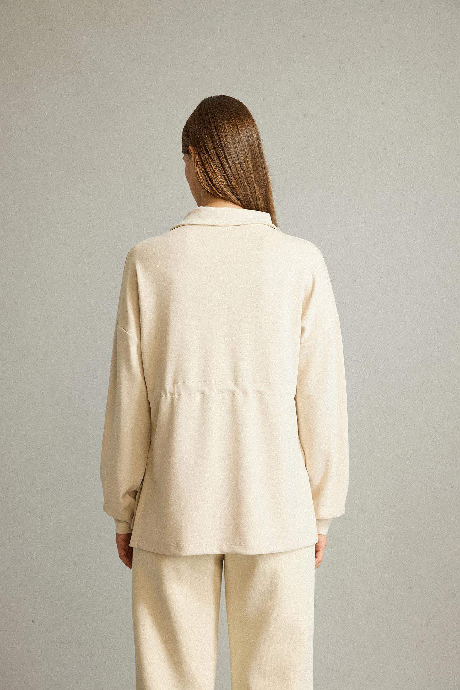 Polo Yaka Beli Lastikli Yarım Fermuarlı Modal Sweatshirt