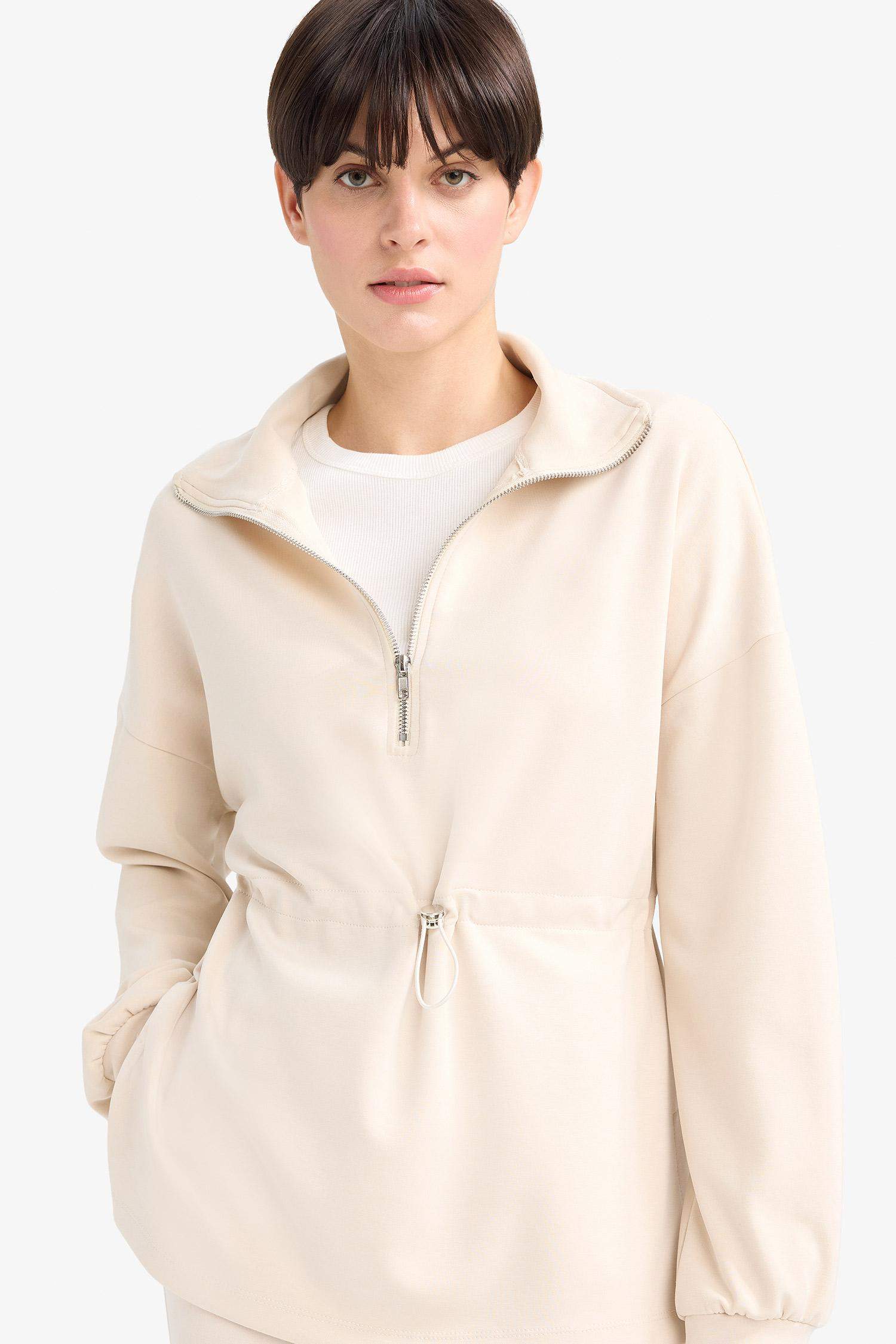 Polo Yaka Beli Lastikli Yarım Fermuarlı Modal Sweatshirt