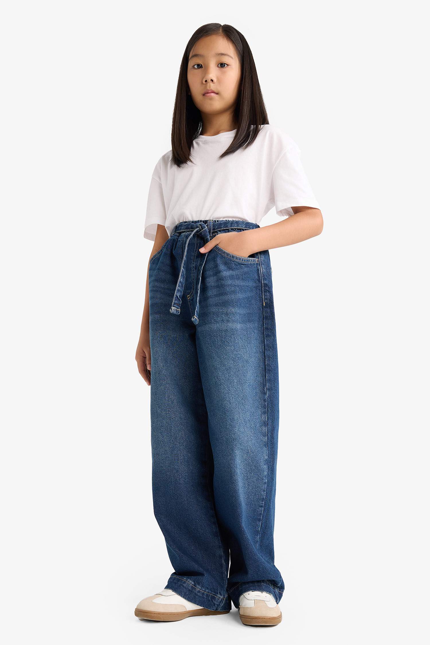 Kız Çocuk Wide Baggy Fit Beli Lastikli Jean Pantolon