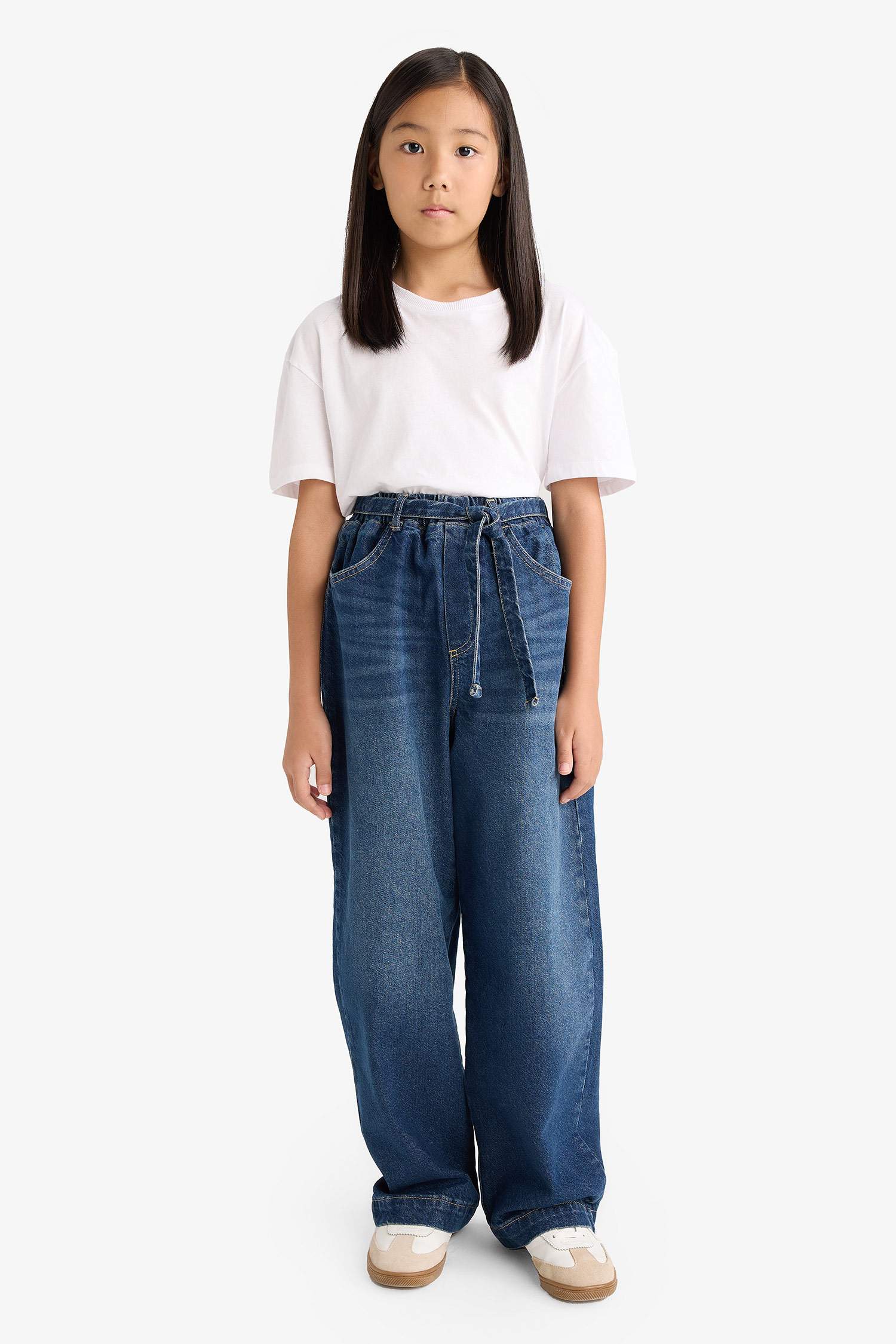 Kız Çocuk Wide Baggy Fit Beli Lastikli Jean Pantolon