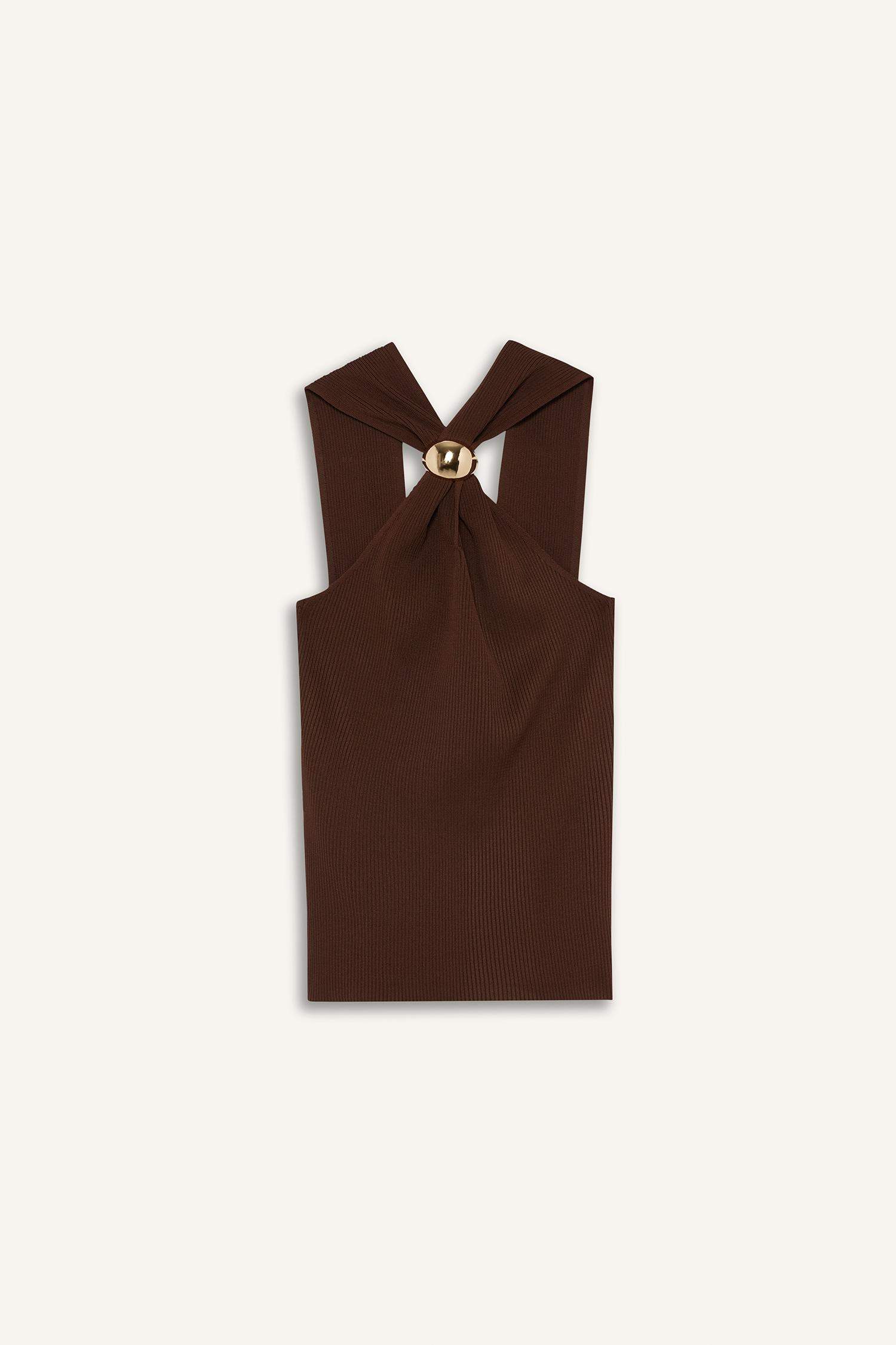 Fitted Rib Buckle Detail Sleeveless Blouse